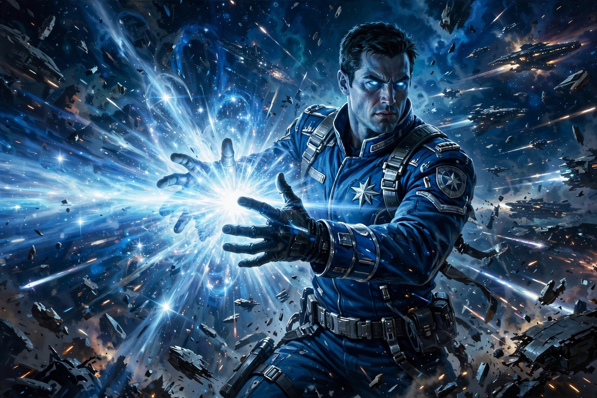 AI-generated art of Adrian Halden unleashing a nova pulse of blue starlight energy in battle