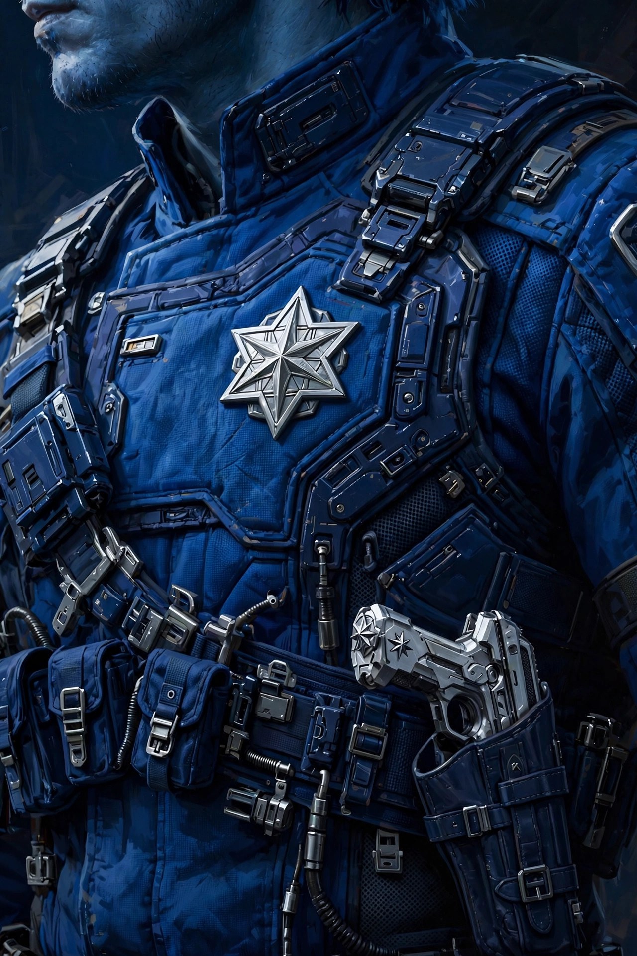 AI-generated close-up of Adrian Halden's cobalt StarTeam uniform with silver star insignia