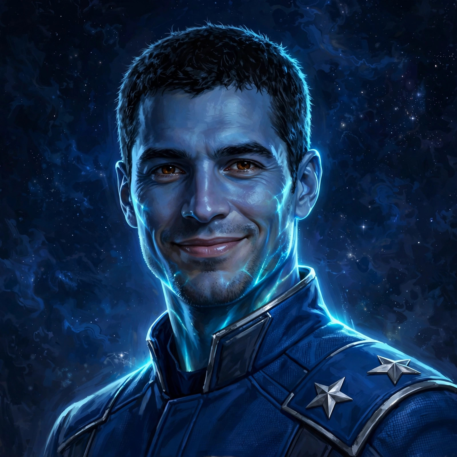 AI-generated portrait of Adrian Halden, a blue-skinned male space hero in a cobalt StarTeam uniform