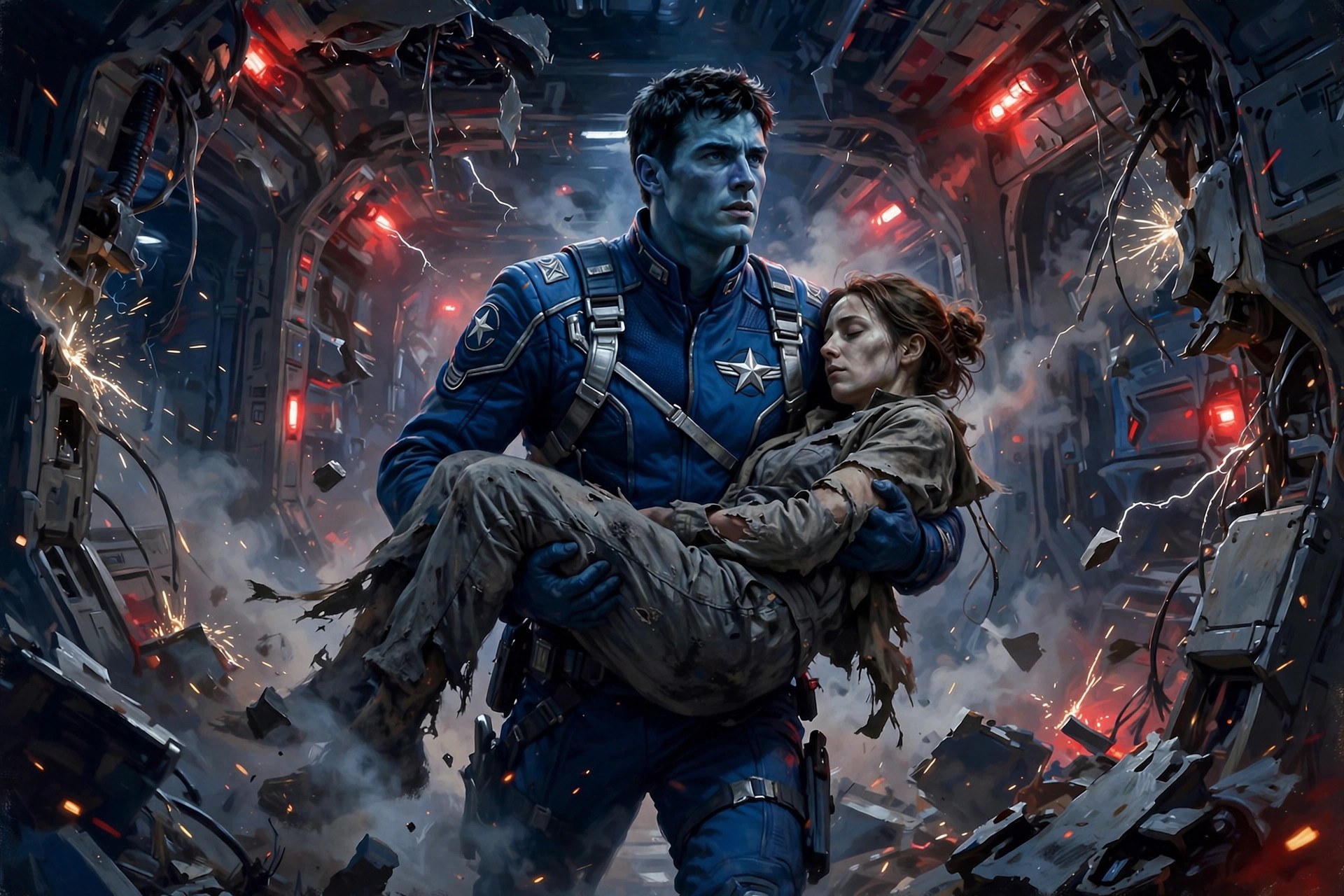 AI-generated art of Adrian Halden carrying a rescued civilian through a damaged station corridor
