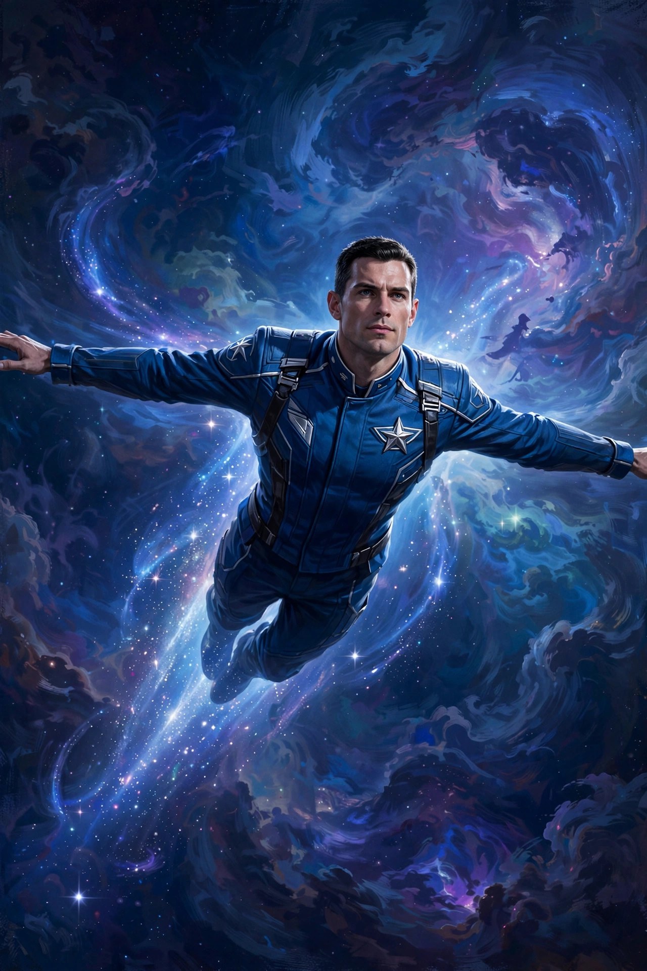 AI-generated art of Adrian Halden flying unaided through a blue and violet nebula