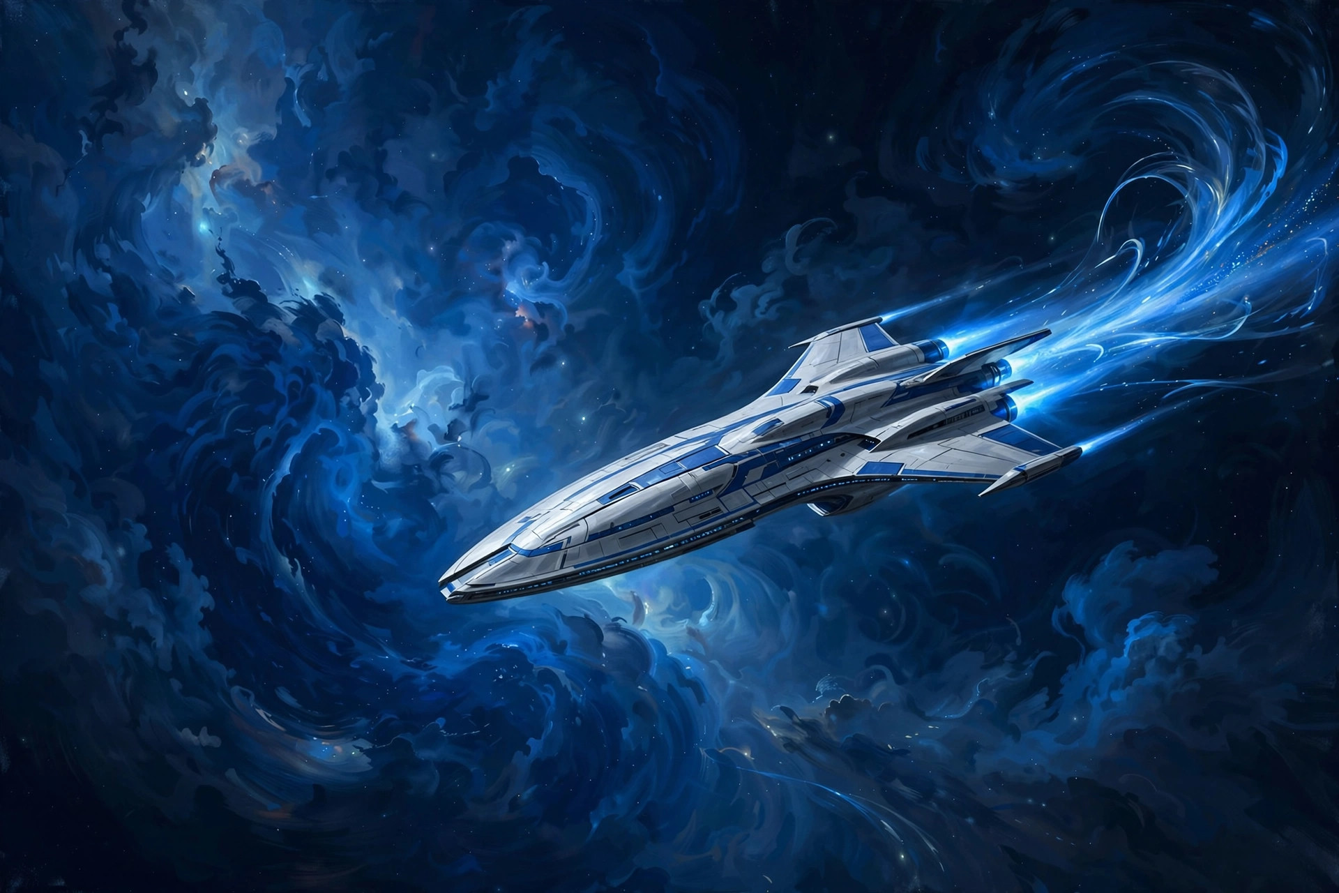 AI-generated art of the starship Auralis, a sleek silver-and-cobalt long-range ship, near a blue nebula