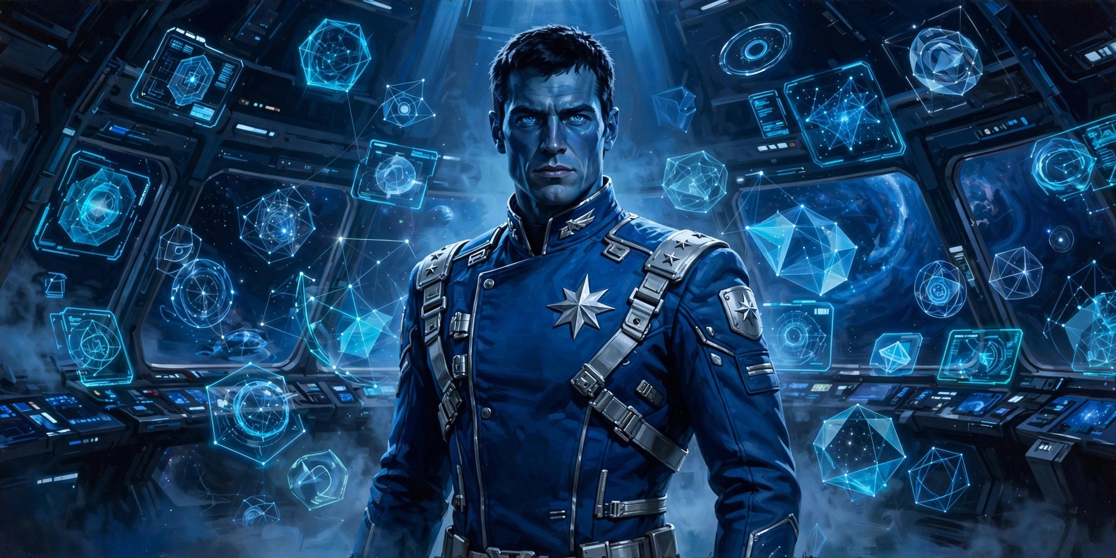 AI-generated banner art of Adrian Halden on a starship bridge with holographic stream elements