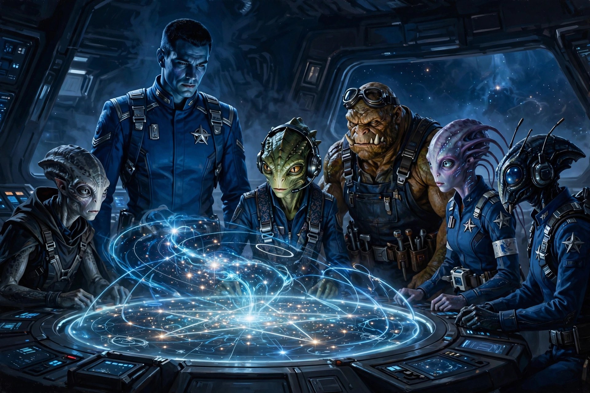 AI-generated art of Adrian Halden with the StarTeam crew on the bridge of the starship Auralis