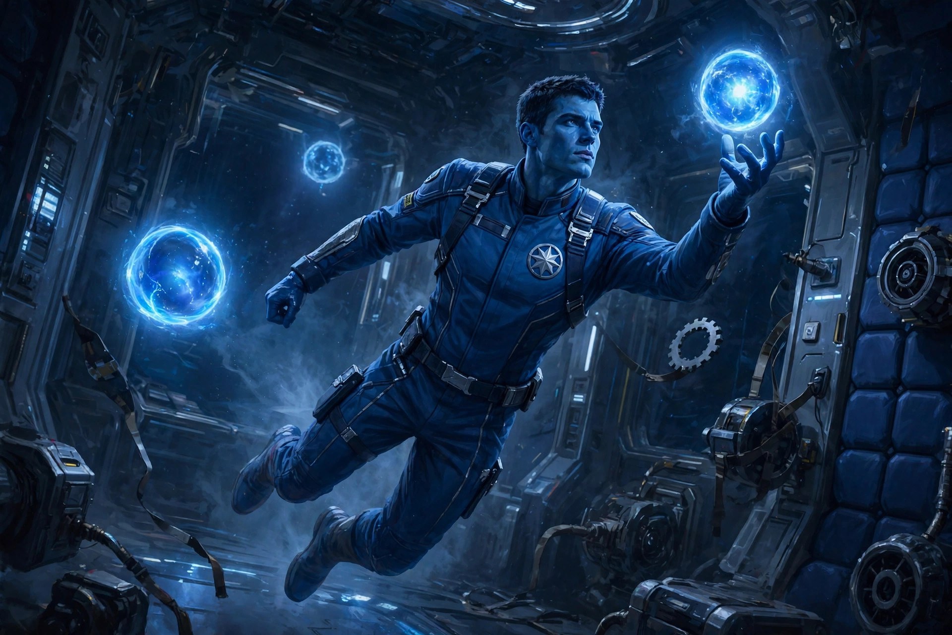 AI-generated art of Adrian Halden training in a zero-gravity chamber, catching glowing energy orbs