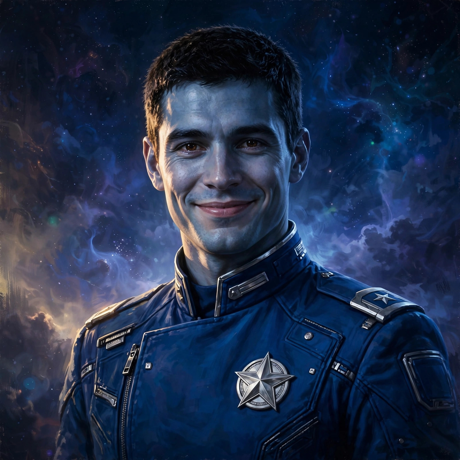 AI-generated portrait of Adrian Halden, a blue-skinned male space hero, smiling against a starfield