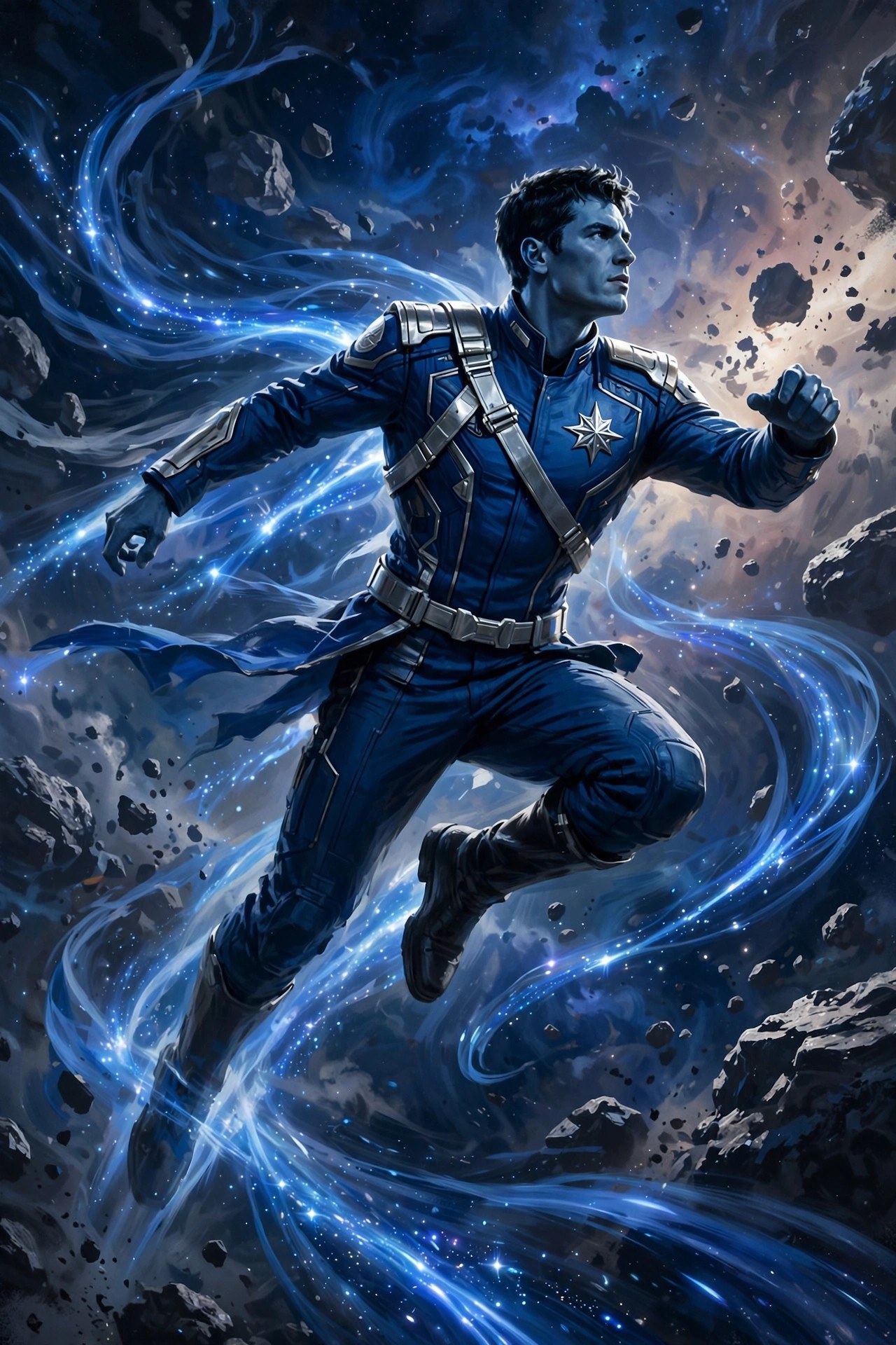 AI-generated action art of Adrian Halden leaping through space trailing blue starlight energy