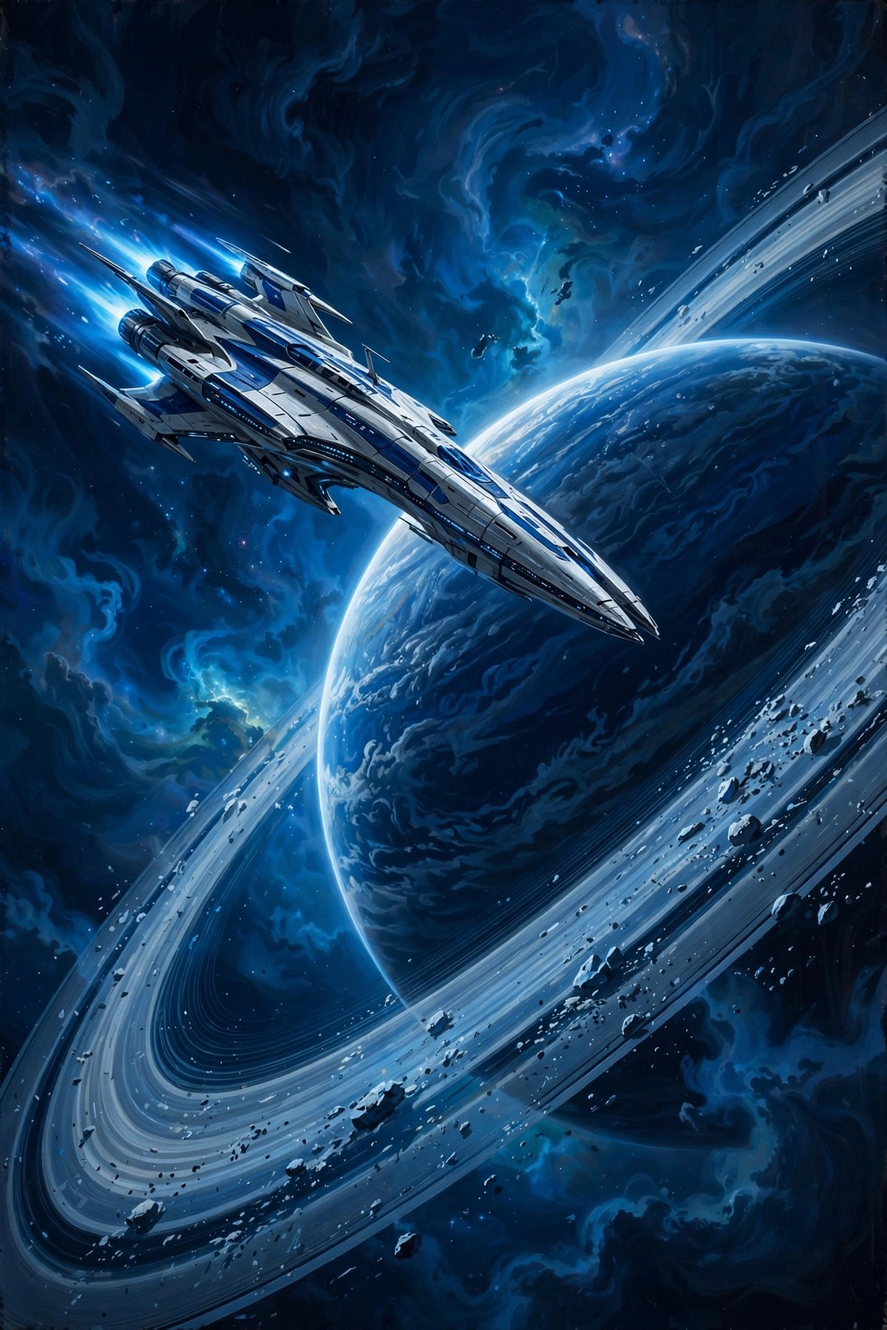 AI-generated poster art of the starship Auralis flying past a blue nebula