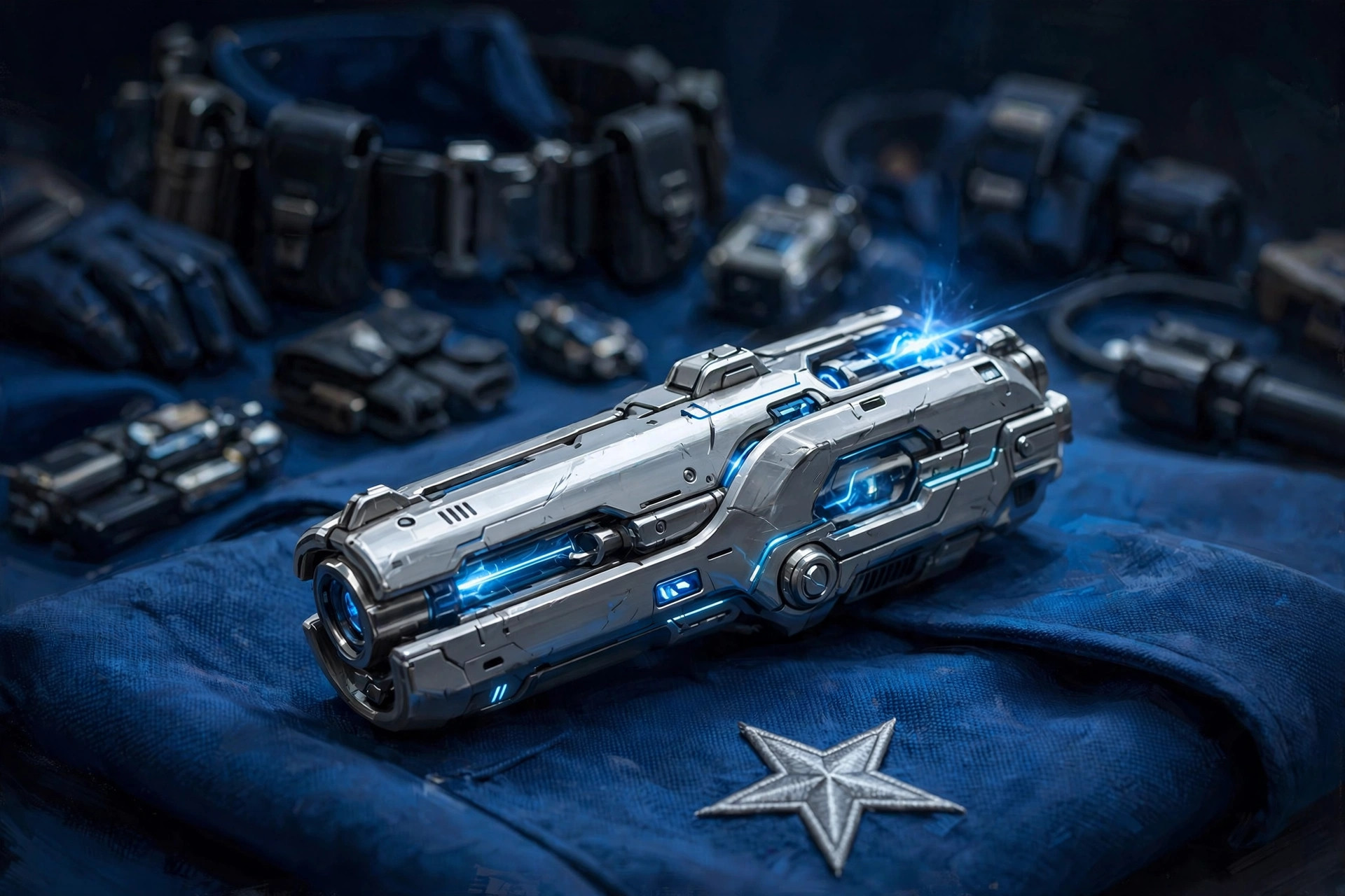 AI-generated close-up of Adrian Halden's starlance sidearm and uniform details