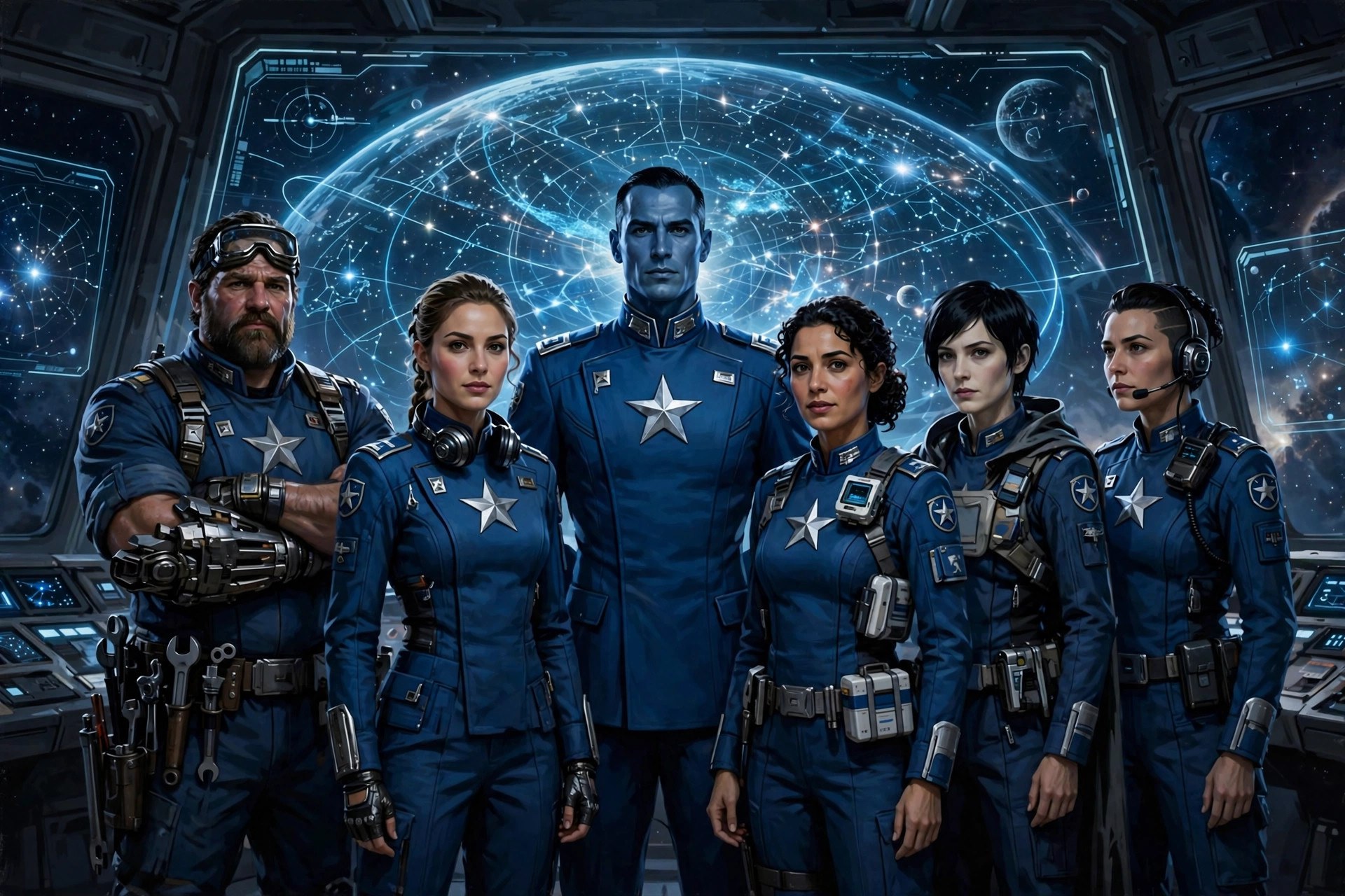 AI-generated group art of Adrian Halden with the five StarTeam crew members on the Auralis bridge