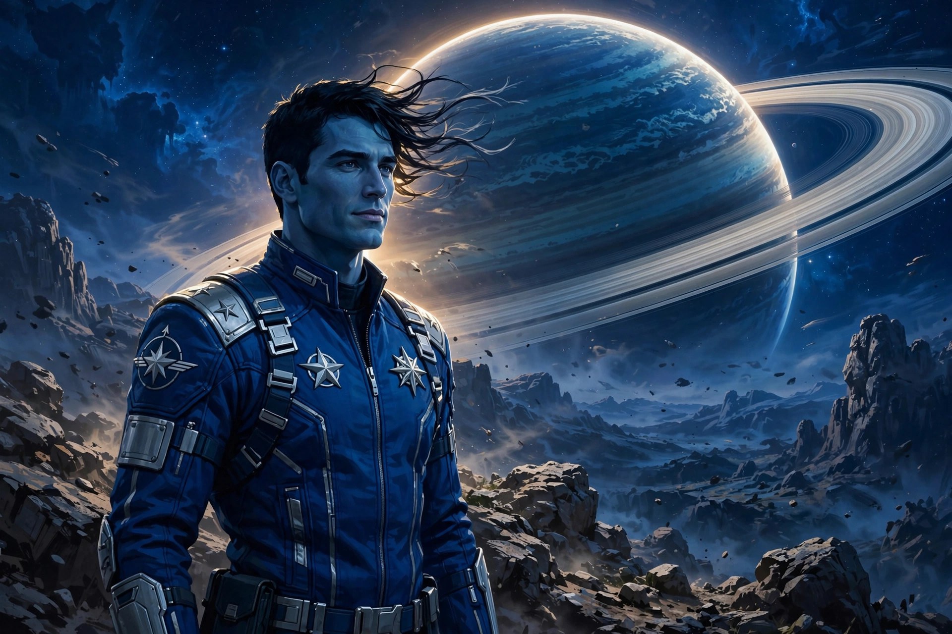 AI-generated art of Adrian Halden with wind in his hair before a ringed planet