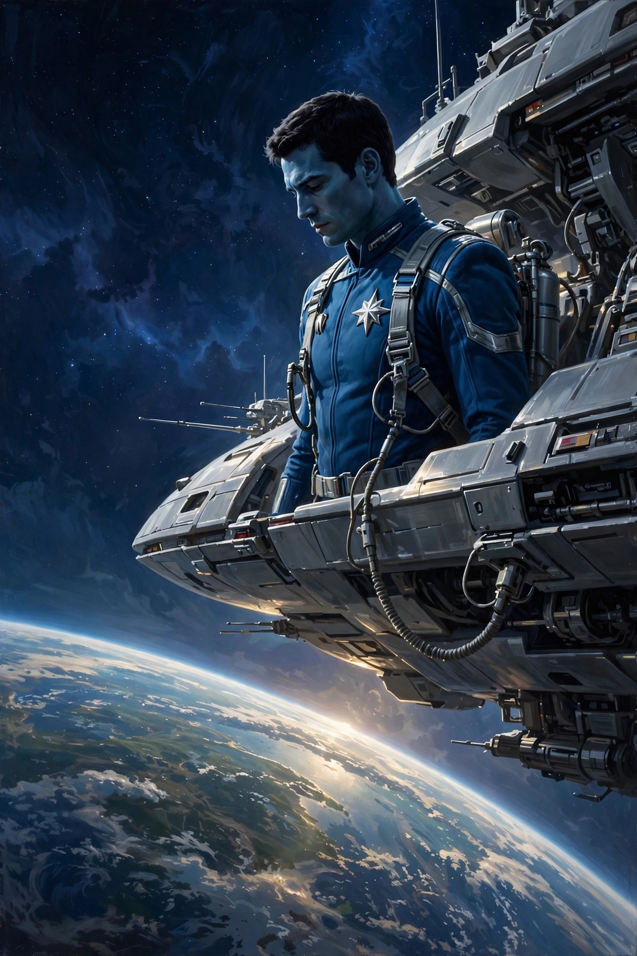 AI-generated art of Adrian Halden on a spacewalk tethered outside the Auralis