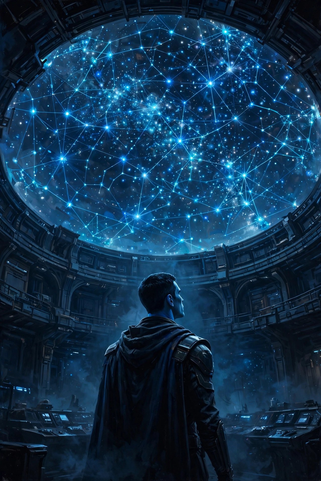 AI-generated art of Adrian Halden silhouetted against a giant glowing constellation map