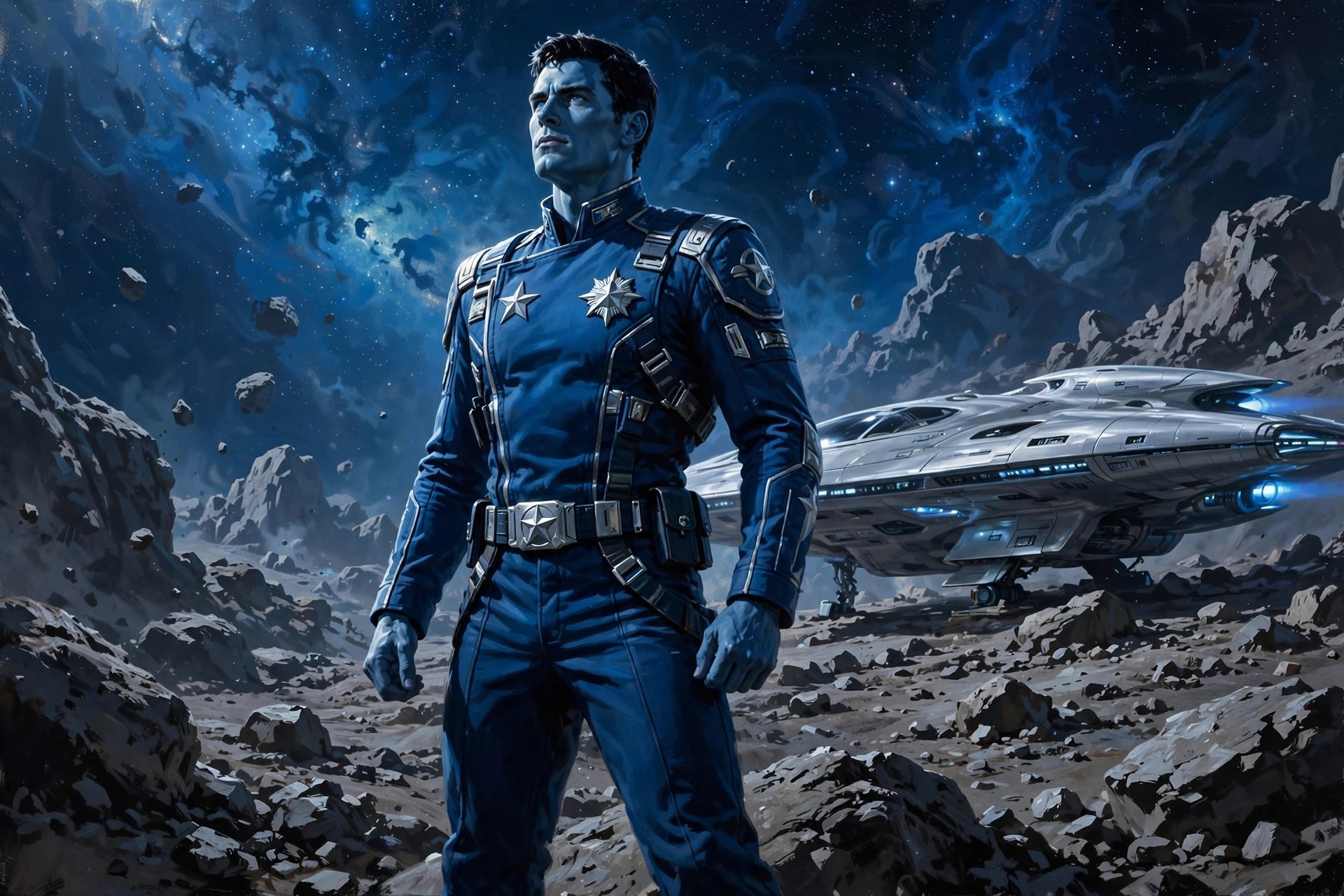 AI-generated art of Adrian Halden in a classic hero stance on an asteroid, the Auralis behind him