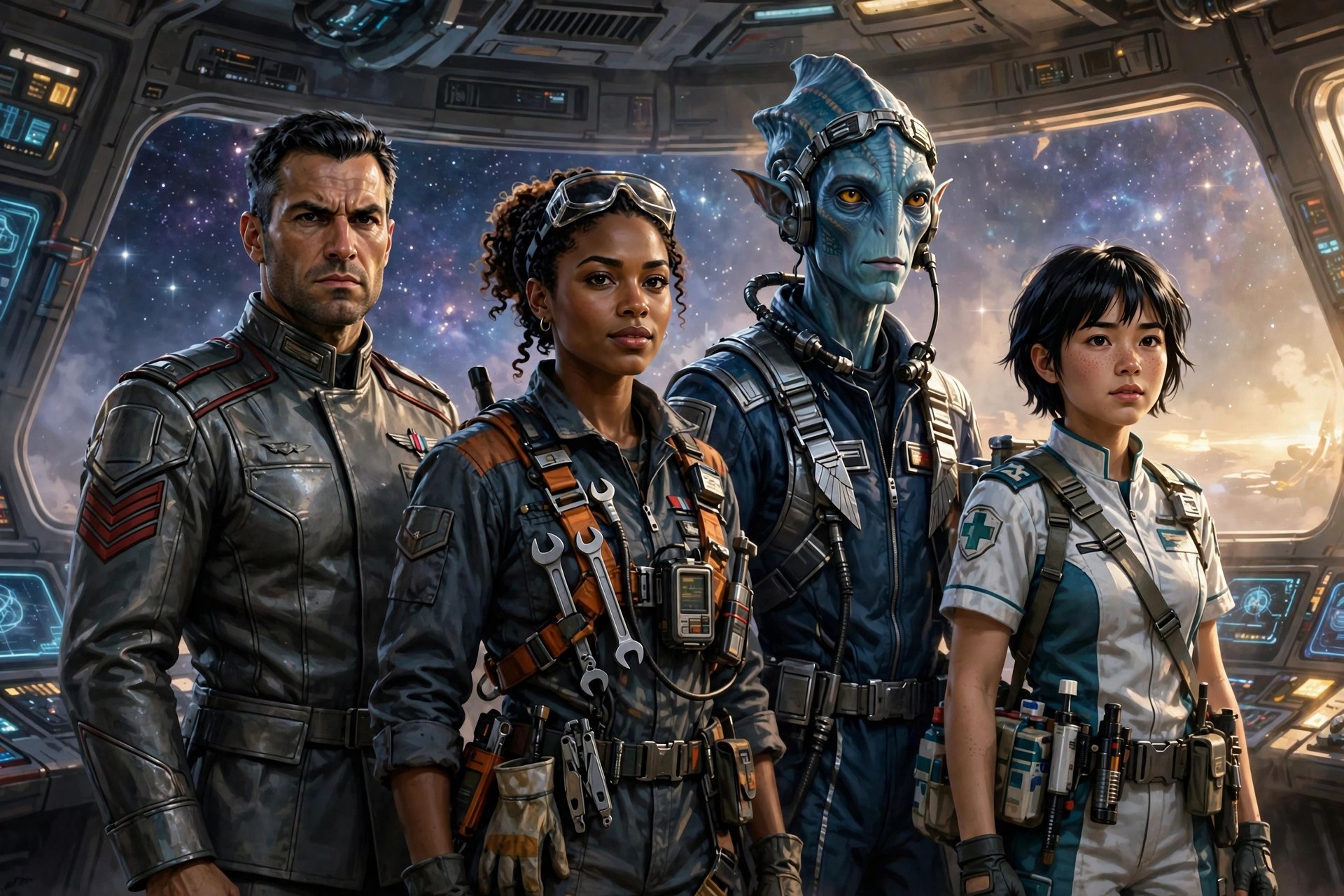 Aeron Skyrift standing with three teammates on a starship bridge