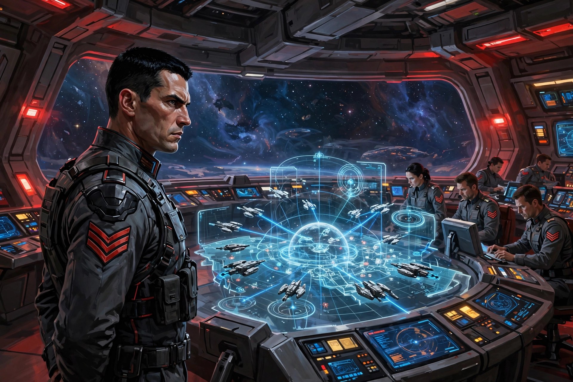 Aeron Skyrift on a starship command deck before a holographic fleet tactical map