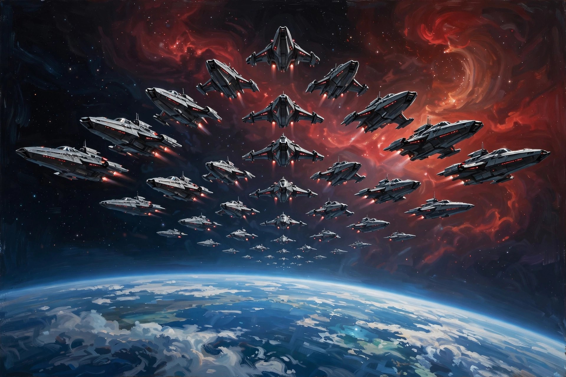 A formation of gunmetal warships with red running lights in chevron formation above a planet