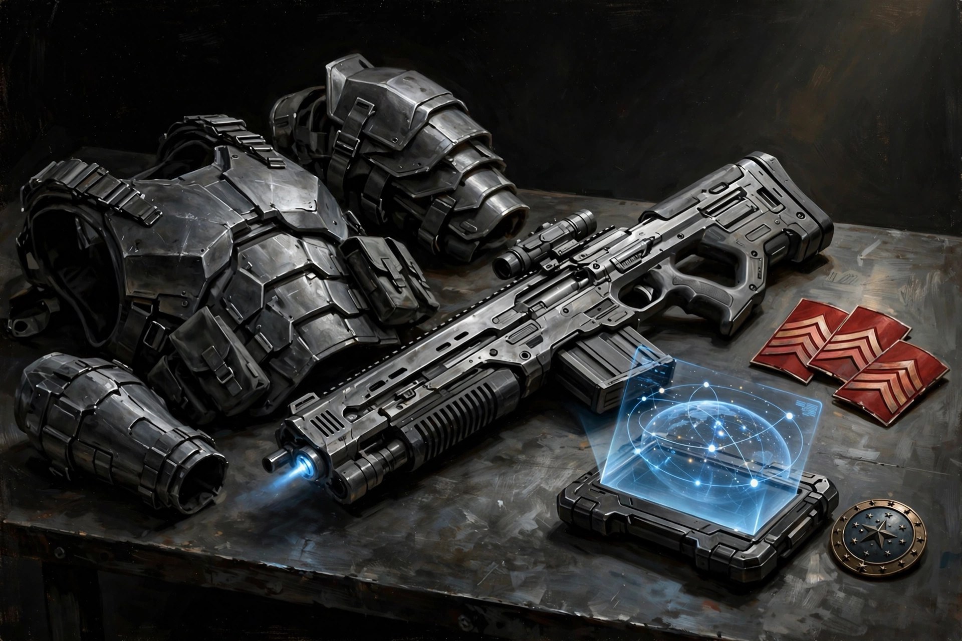 Tactical armor, pulse rifle, chevron insignia plates and datapad arranged on a metal table
