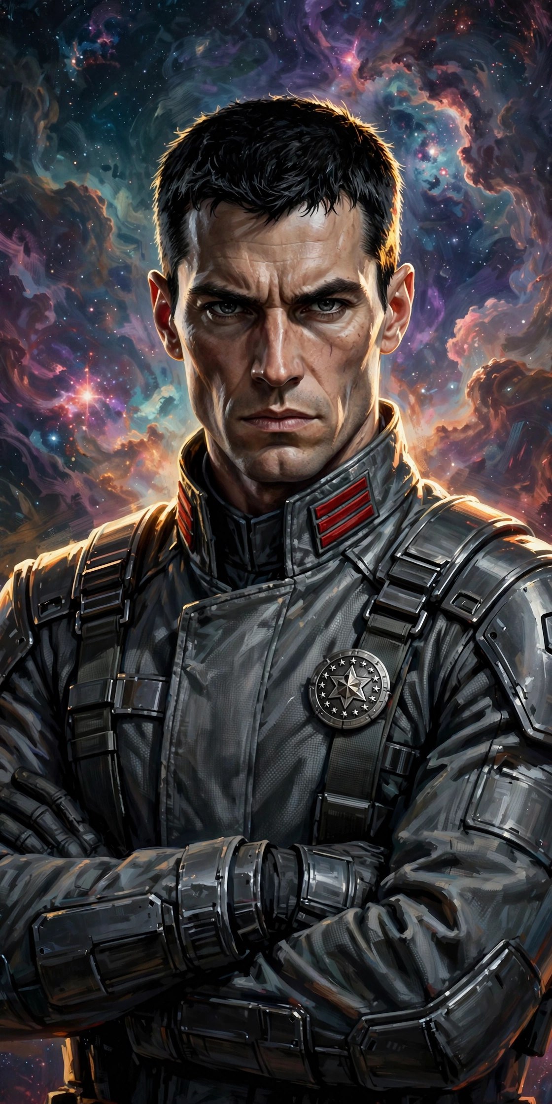 AI-generated portrait of Aeron Skyrift in his gunmetal tactical uniform with red rank chevrons