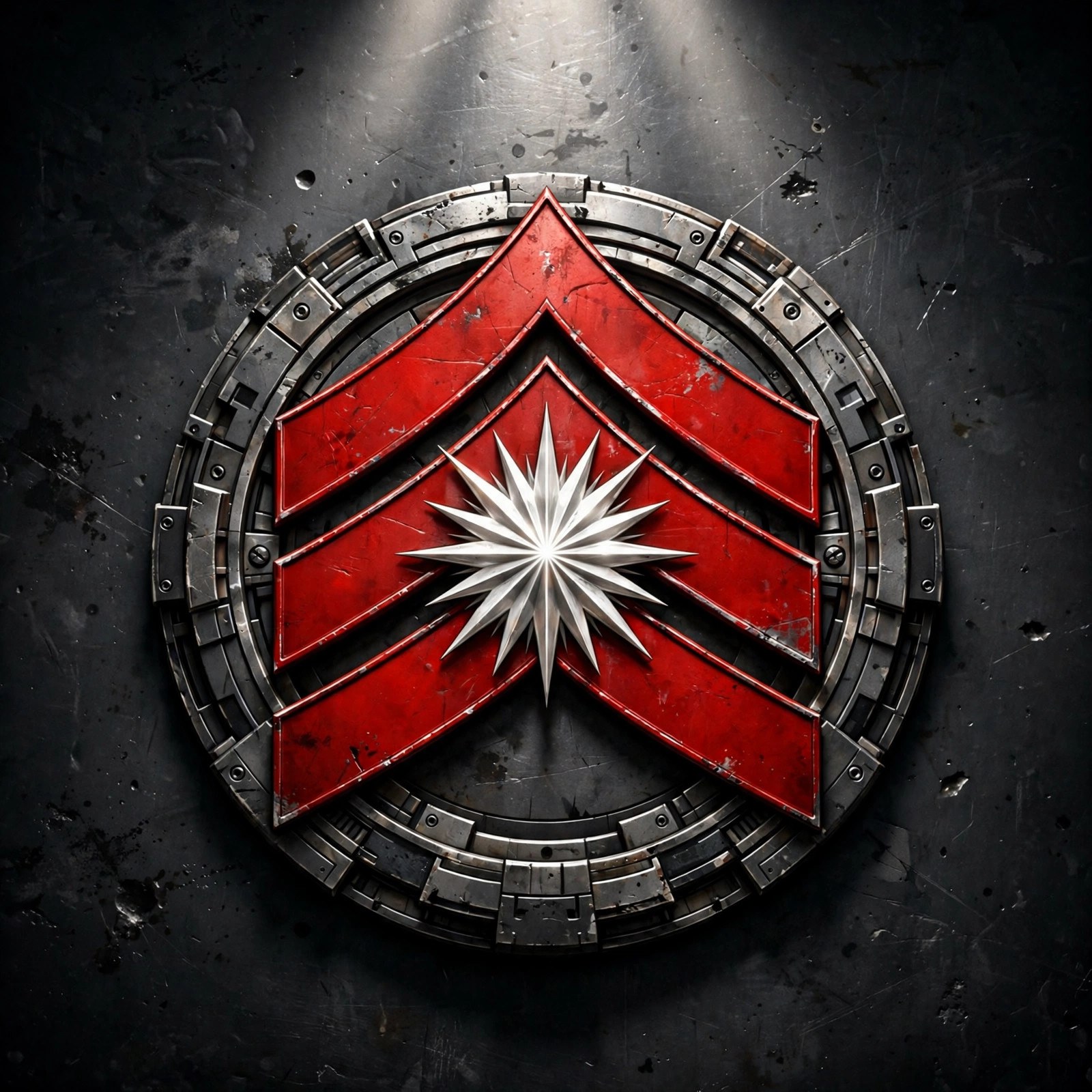 Red triple-chevron rank insignia with starburst center