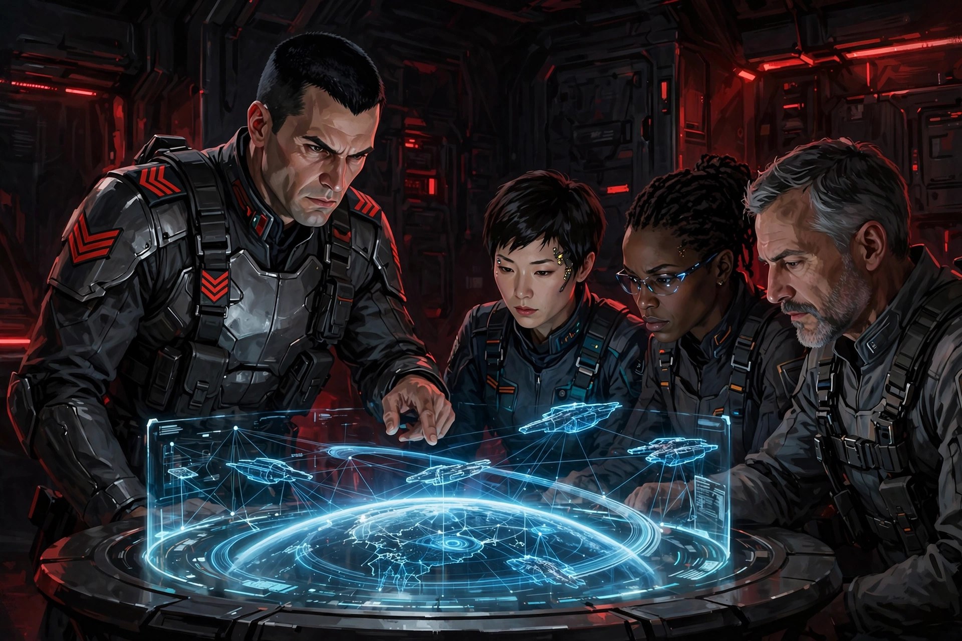 Aeron Skyrift briefing his team before a mission