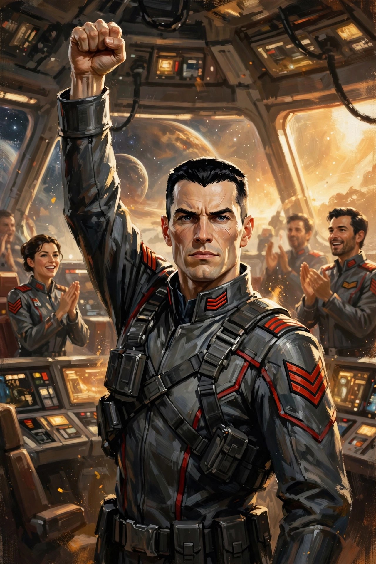 Aeron Skyrift in a victory pose on a starship bridge