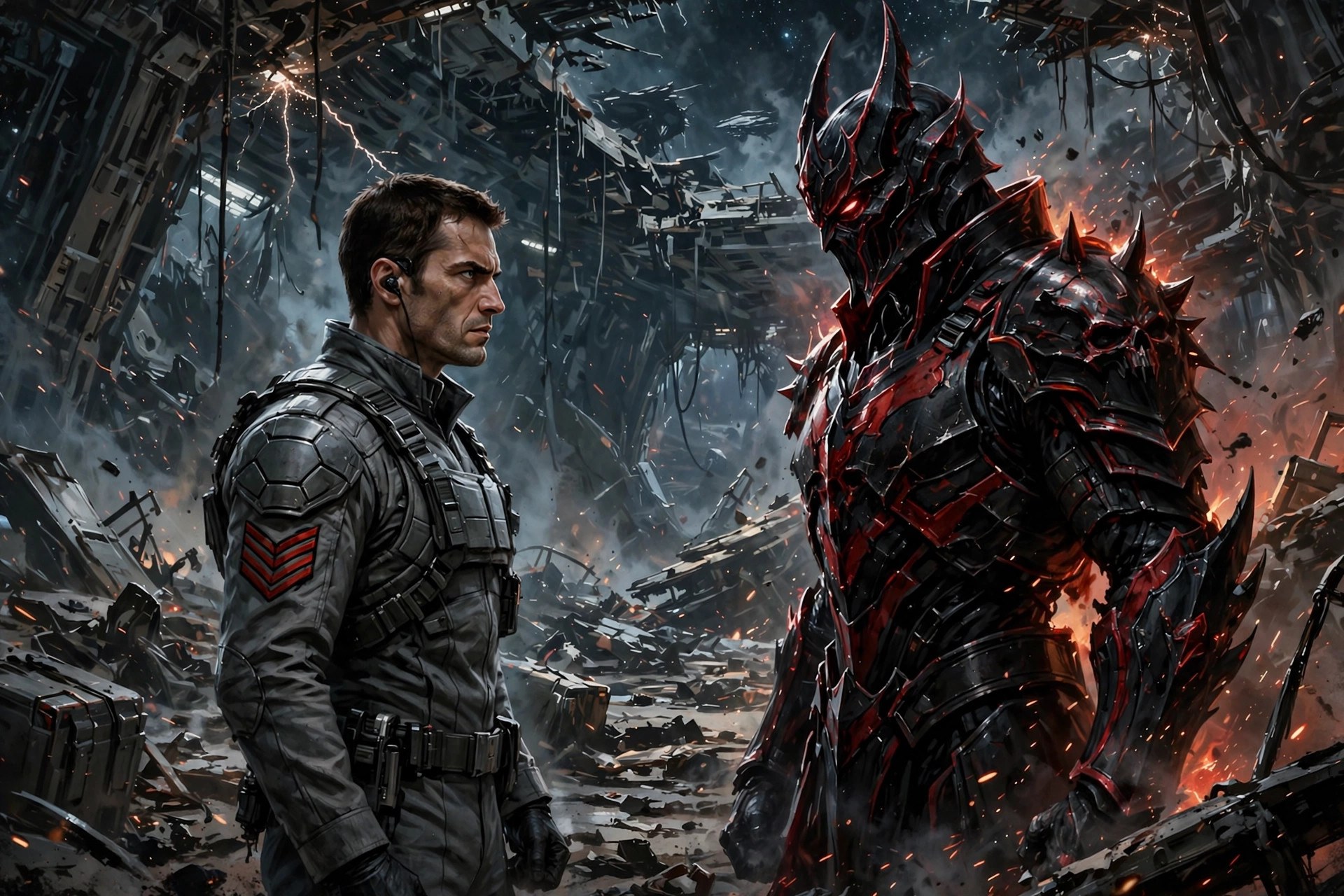 Aeron Skyrift facing a menacing rival warlord in a ruined hangar