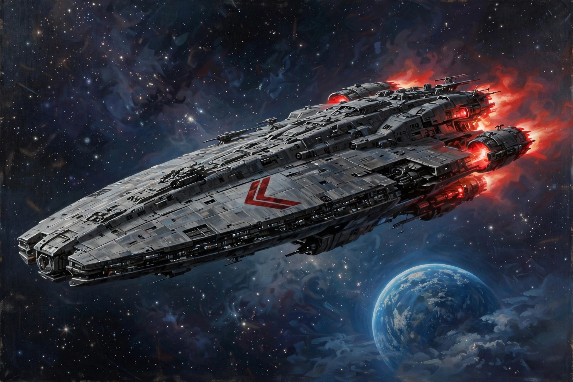 A gunmetal flagship dreadnought with red engine glows approaching a planet