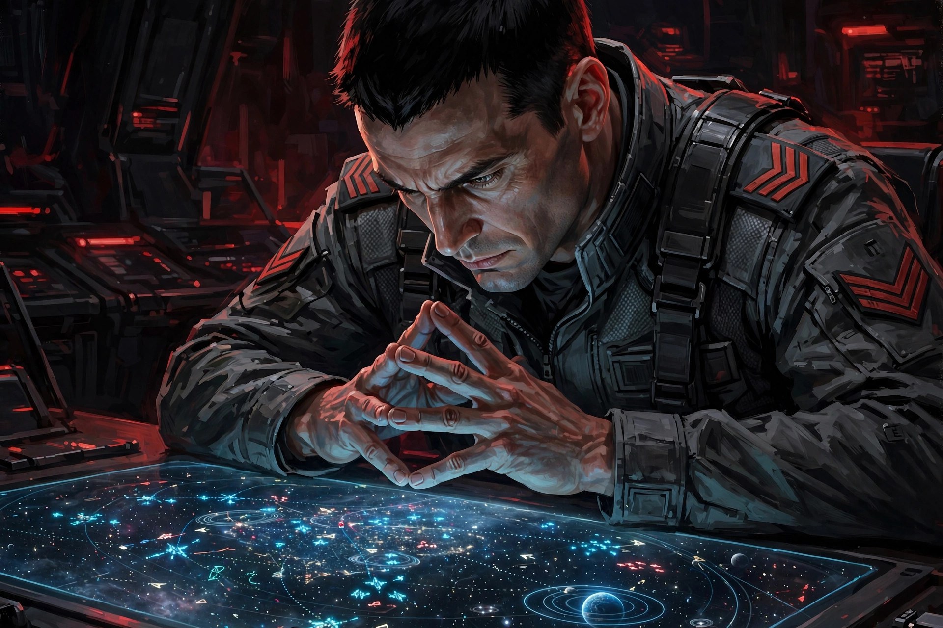 Aeron Skyrift leaning over a glowing holographic battle map in a dark command room