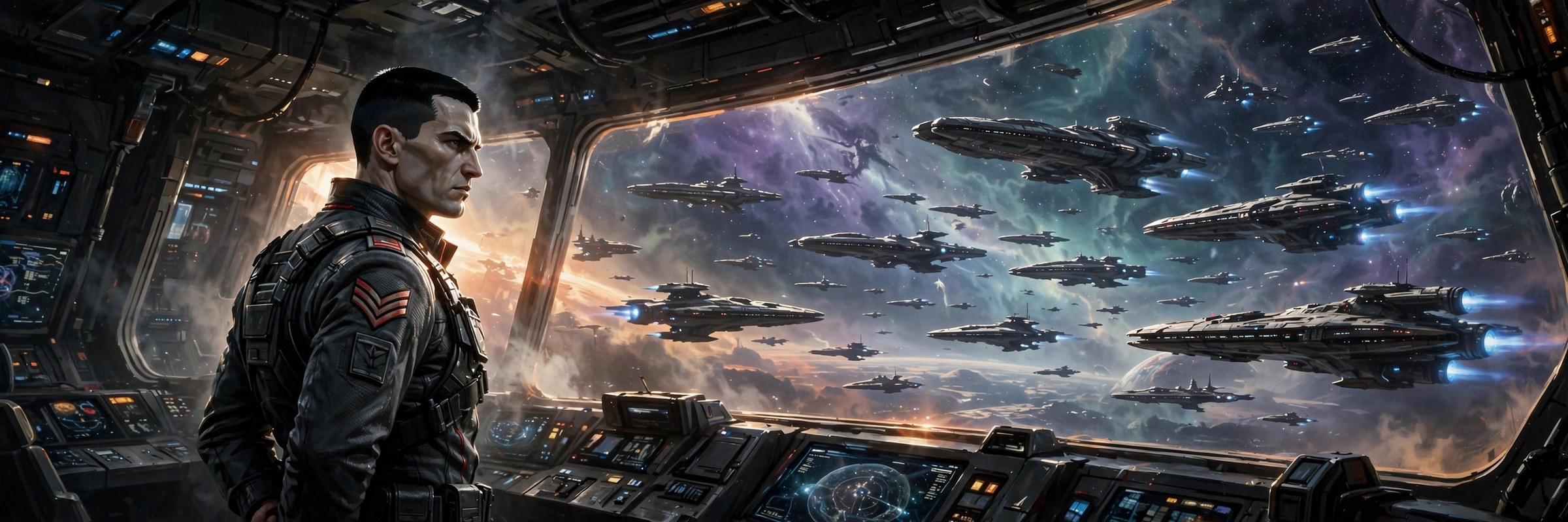 Aeron Skyrift on a starship bridge with a fleet visible through a panoramic viewport