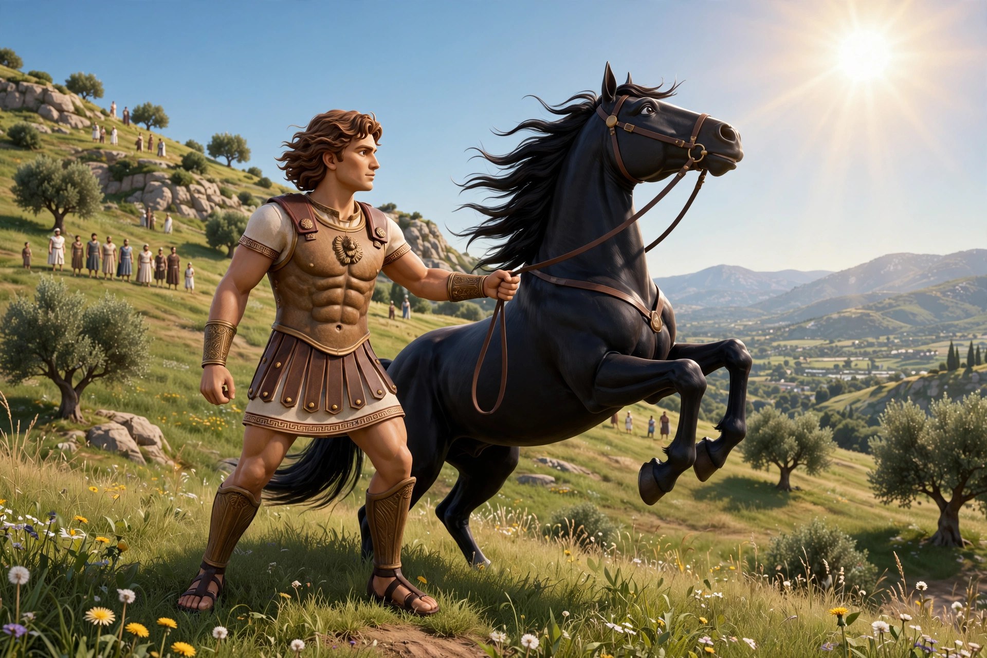 AI-generated dramatization: the young animated Alexander character turning a rearing black horse toward the sun