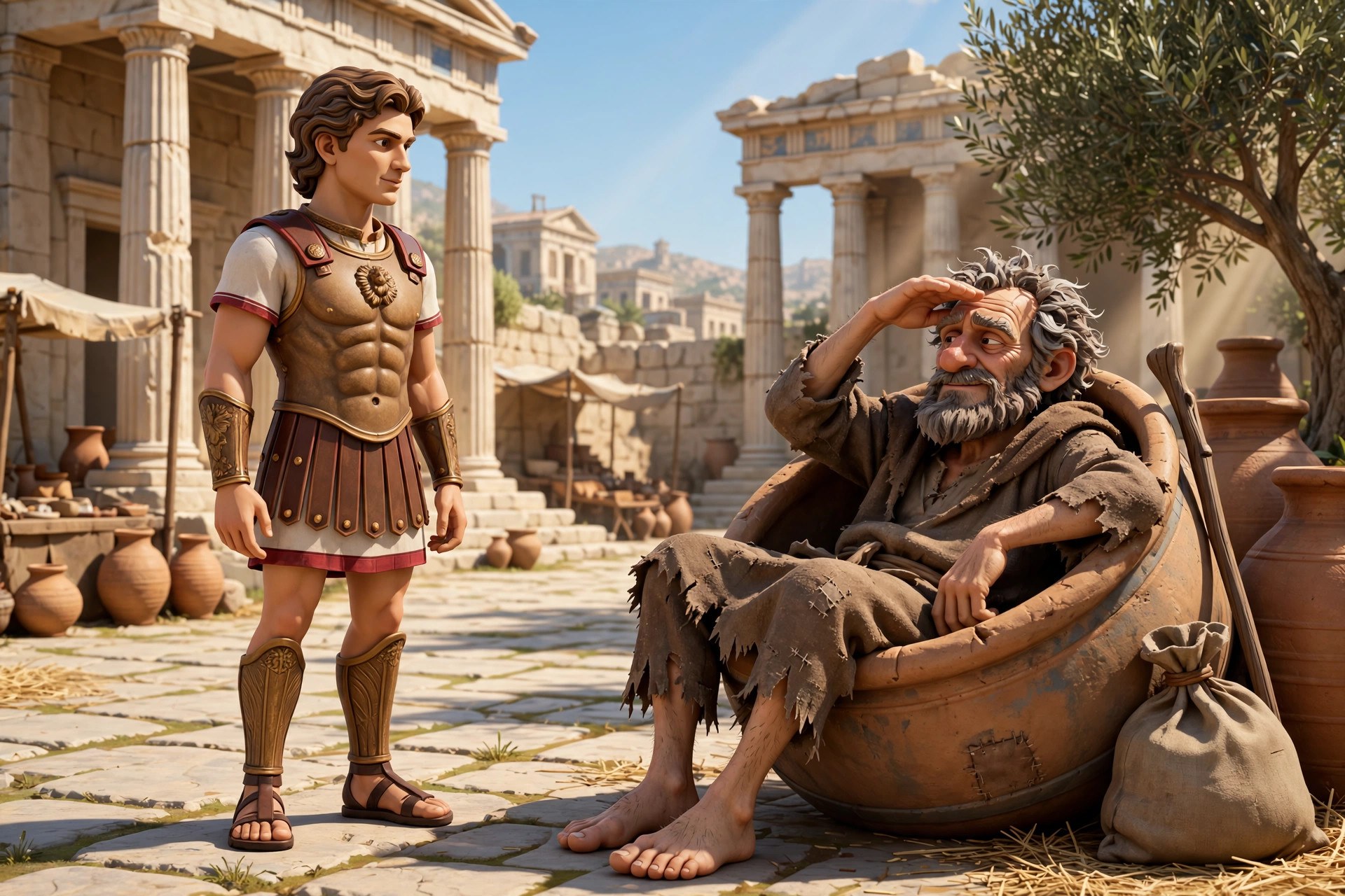 AI-generated dramatization: the animated Alexander character before Diogenes lounging by his clay barrel