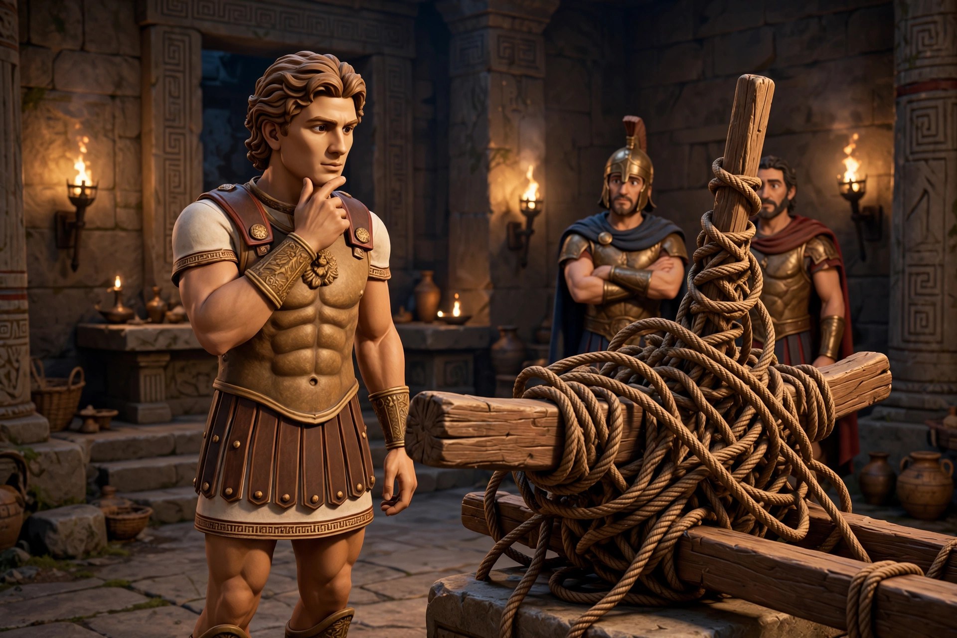 AI-generated dramatization: the animated Alexander character facing the knotted yoke at Gordium