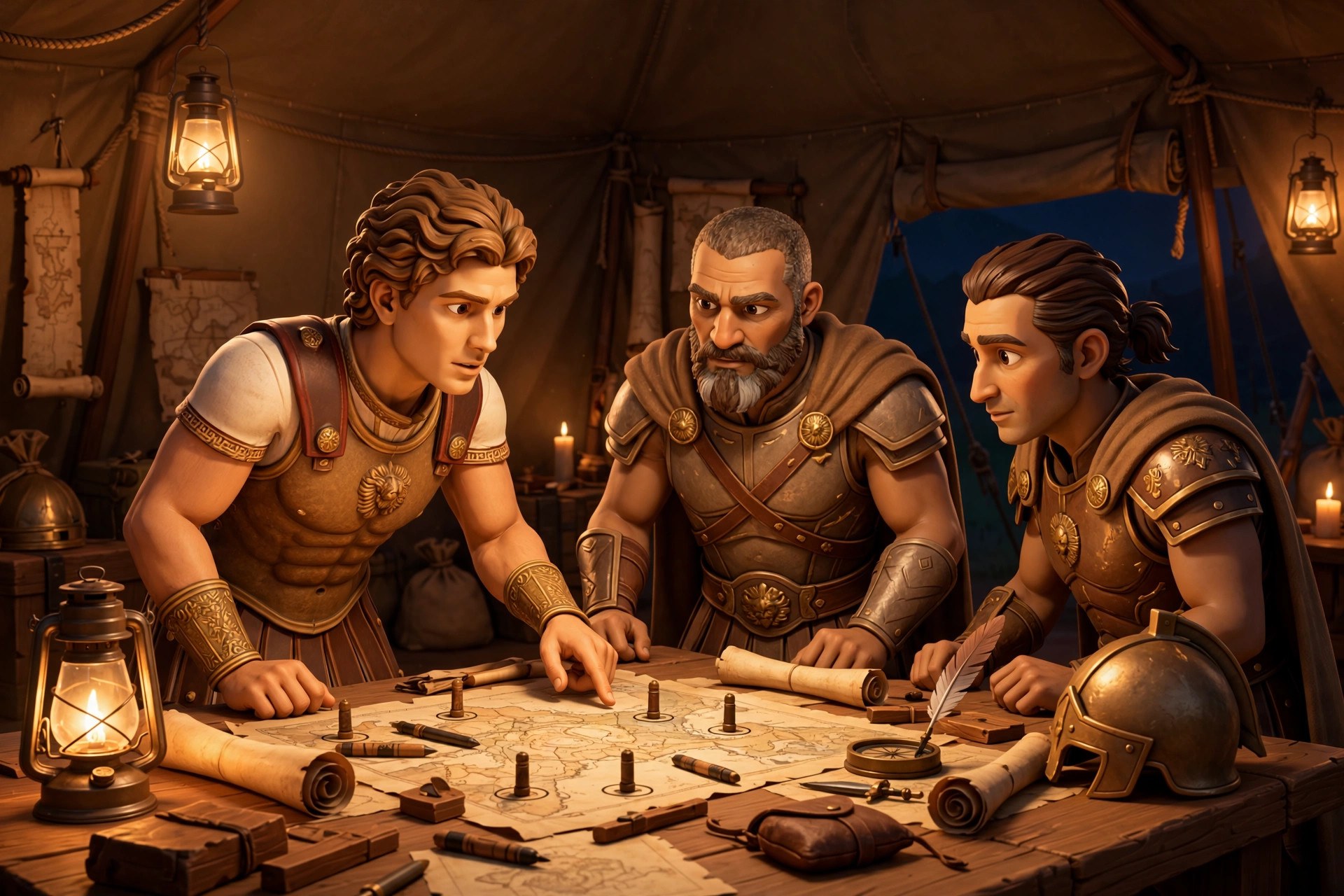 AI-generated dramatization: the animated Alexander character leaning over war maps with two generals in a lamplit campaign tent