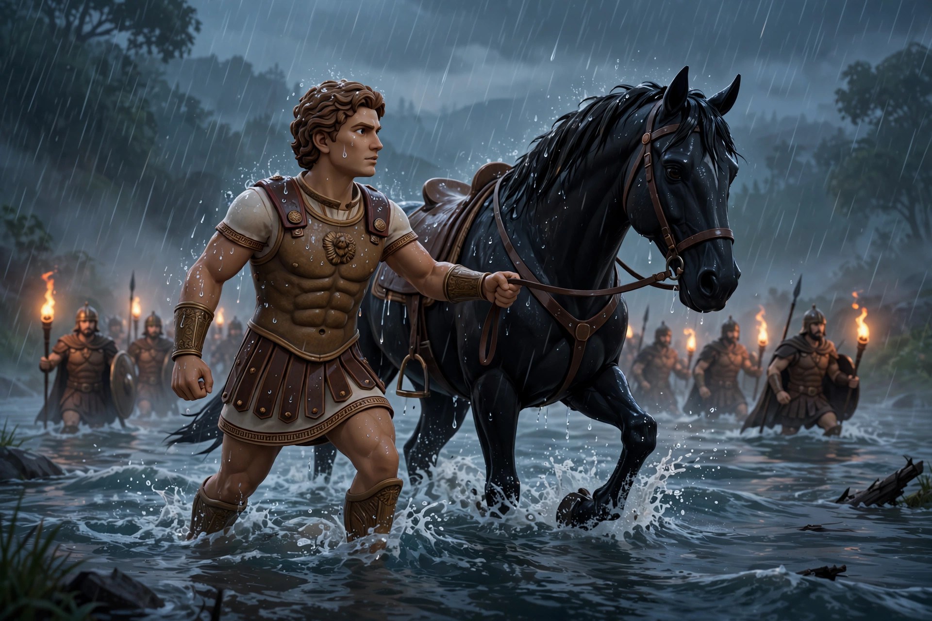 AI-generated dramatization: the animated Alexander character leading his black horse through a rain-swollen river at dawn, soldiers with torches behind