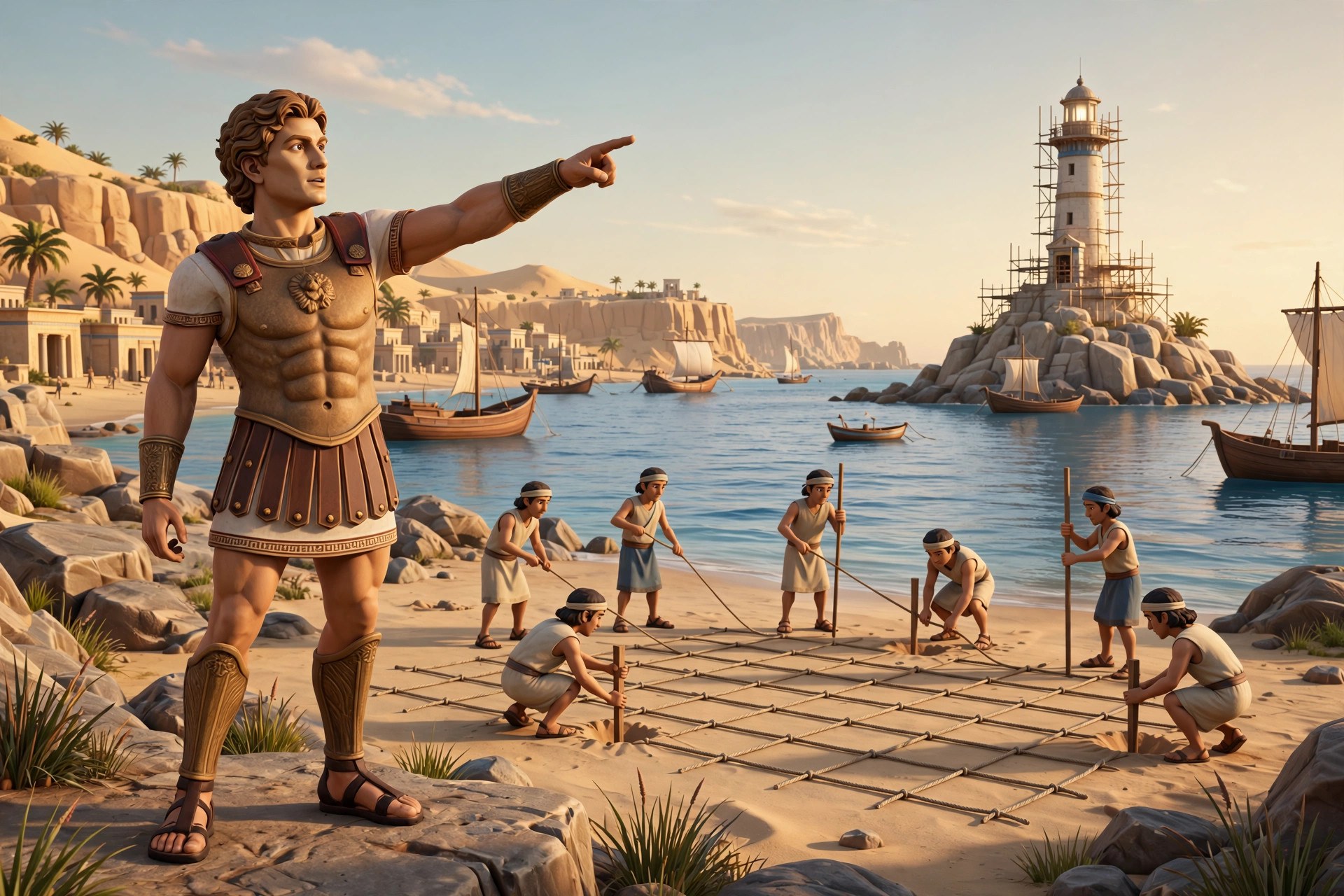 AI-generated dramatization: the animated Alexander character directing surveyors laying out a city street grid on an Egyptian shore