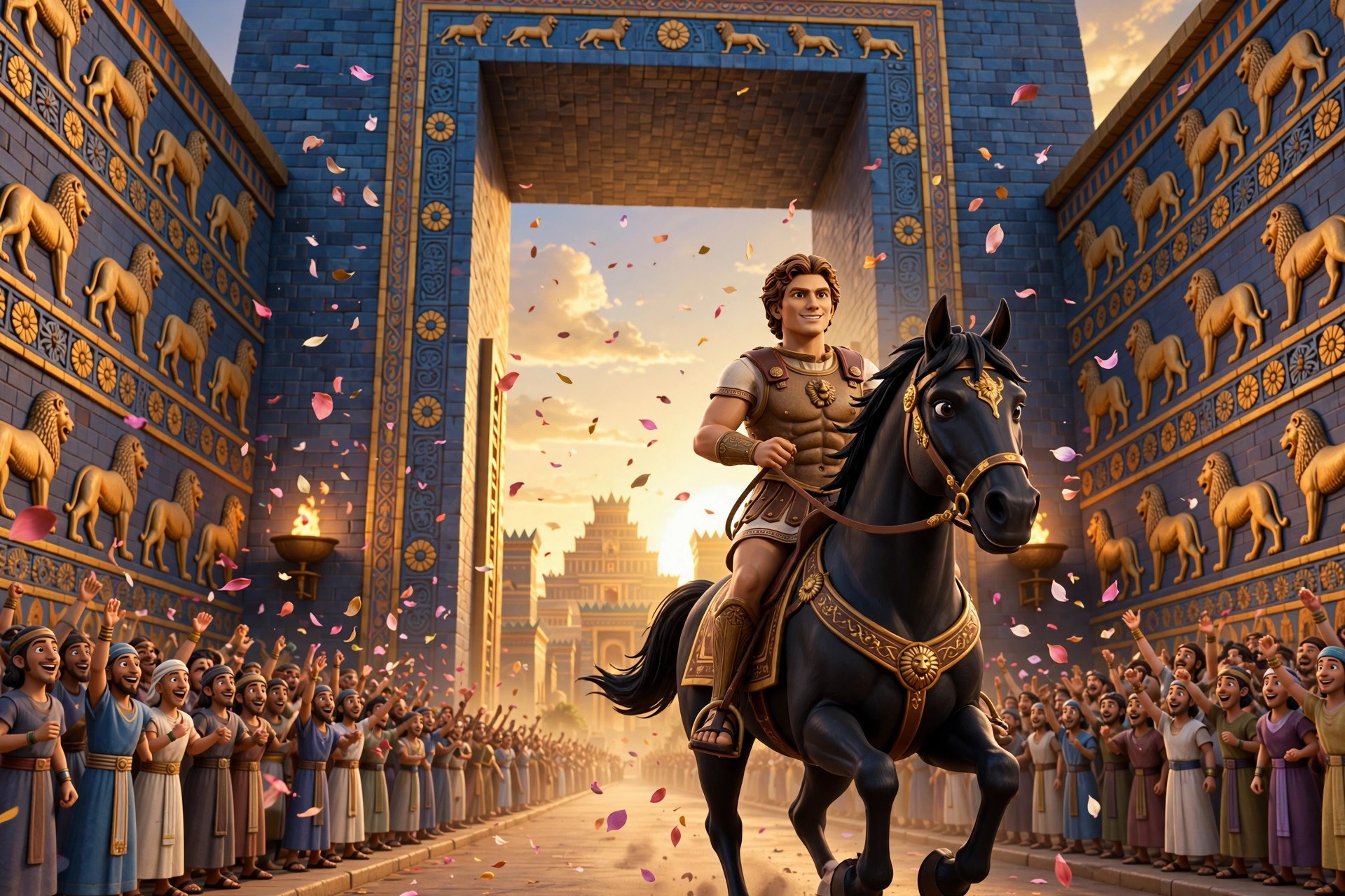 AI-generated dramatization: the animated Alexander character riding his black horse through the blue Ishtar Gate into Babylon amid flower petals