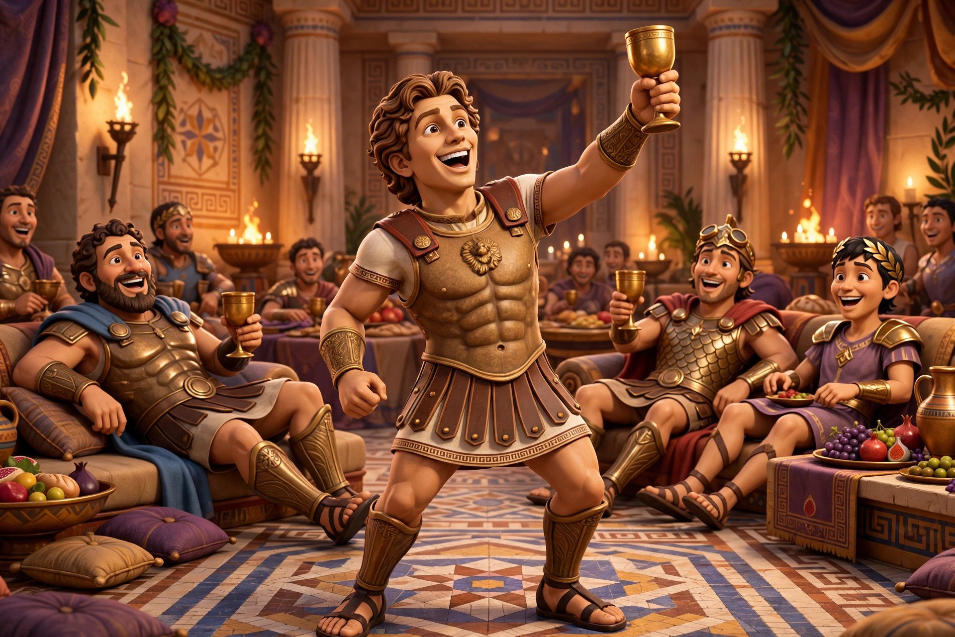 AI-generated dramatization: the animated Alexander character raising a golden goblet in a toast with laughing companions in a torch-lit palace hall