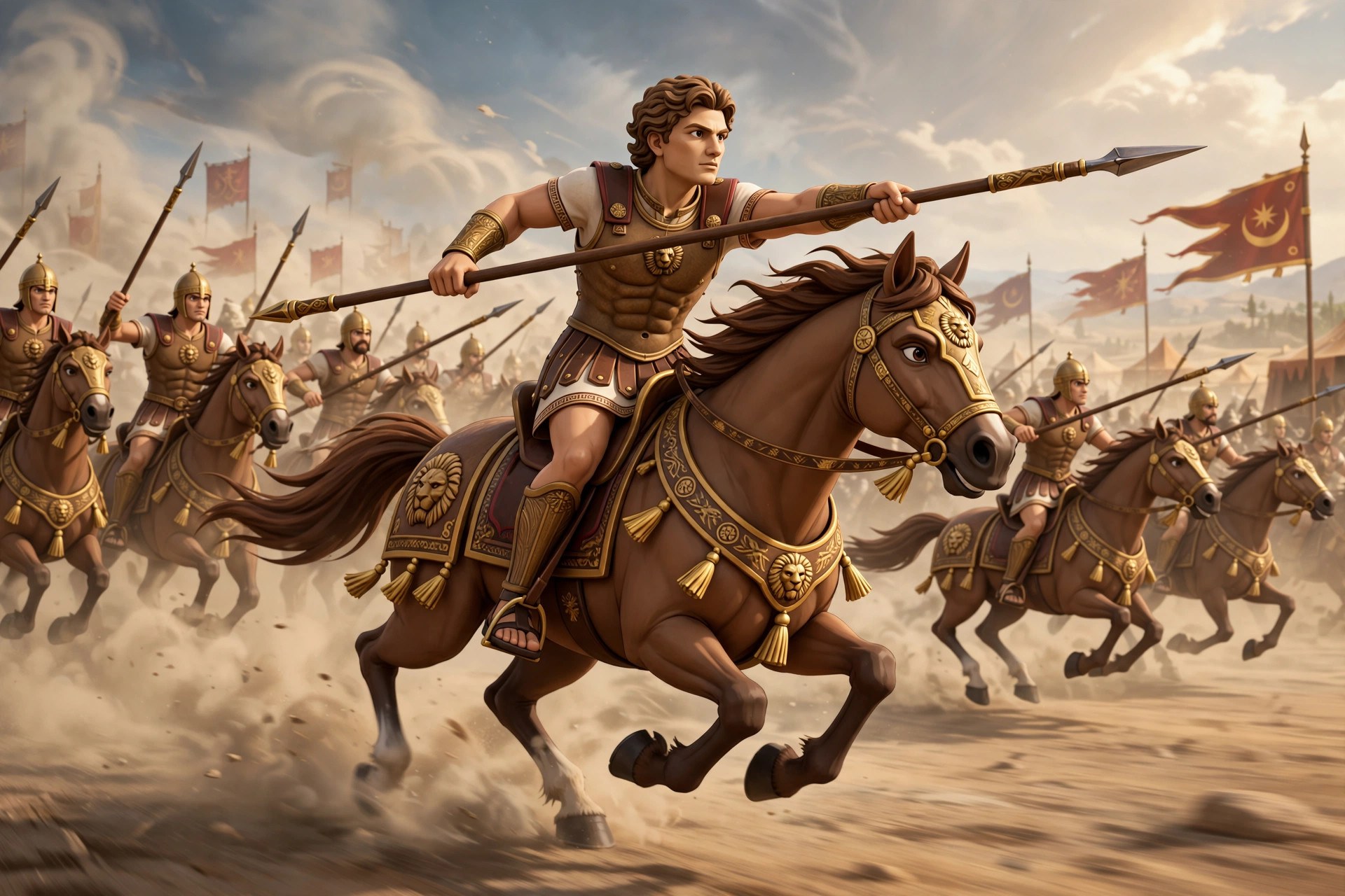 AI-generated dramatization: the animated Alexander character leading a Companion cavalry charge with spear leveled across a dusty plain