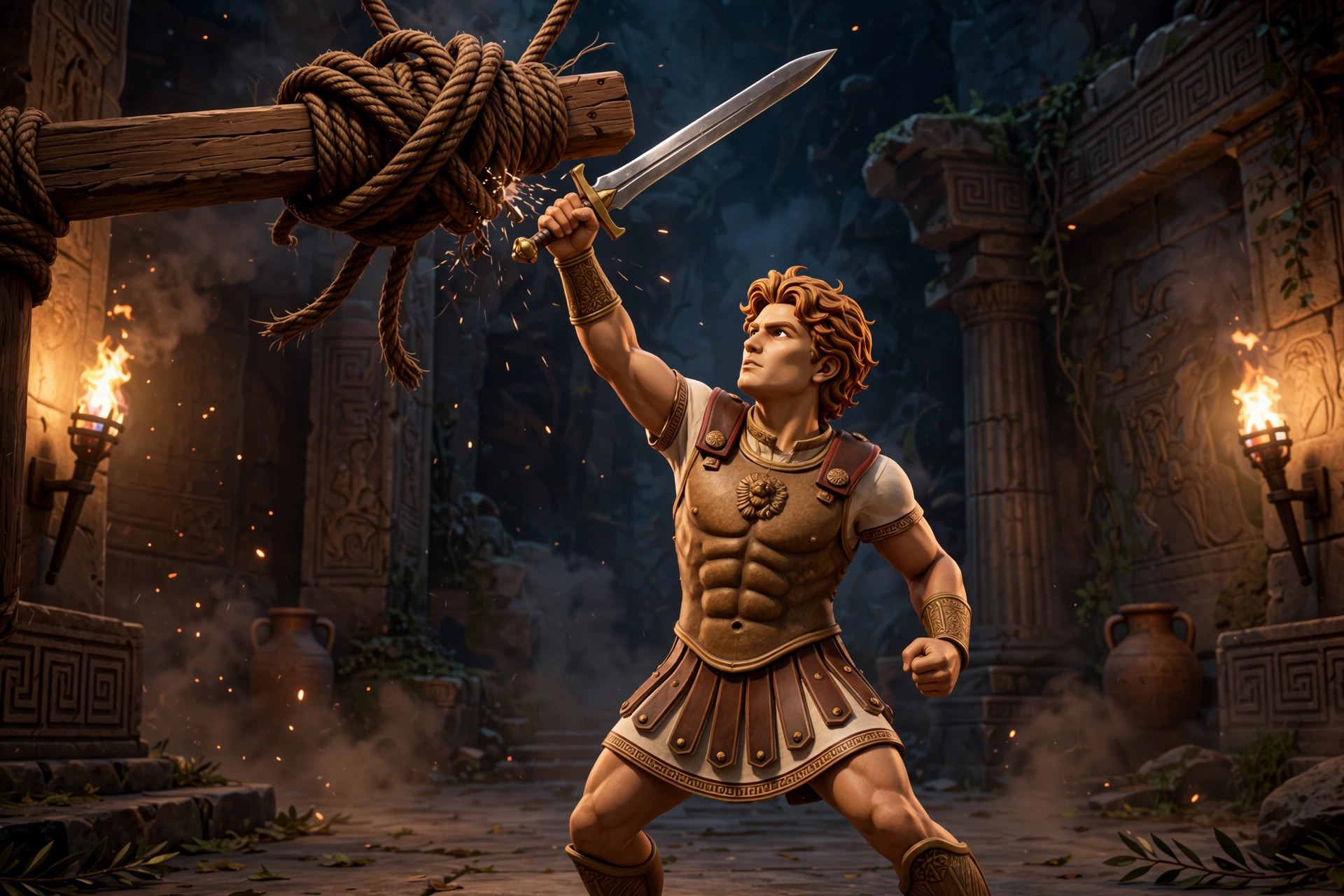 AI-generated dramatization: the animated Alexander character raising his sword to cut the great rope knot at Gordium