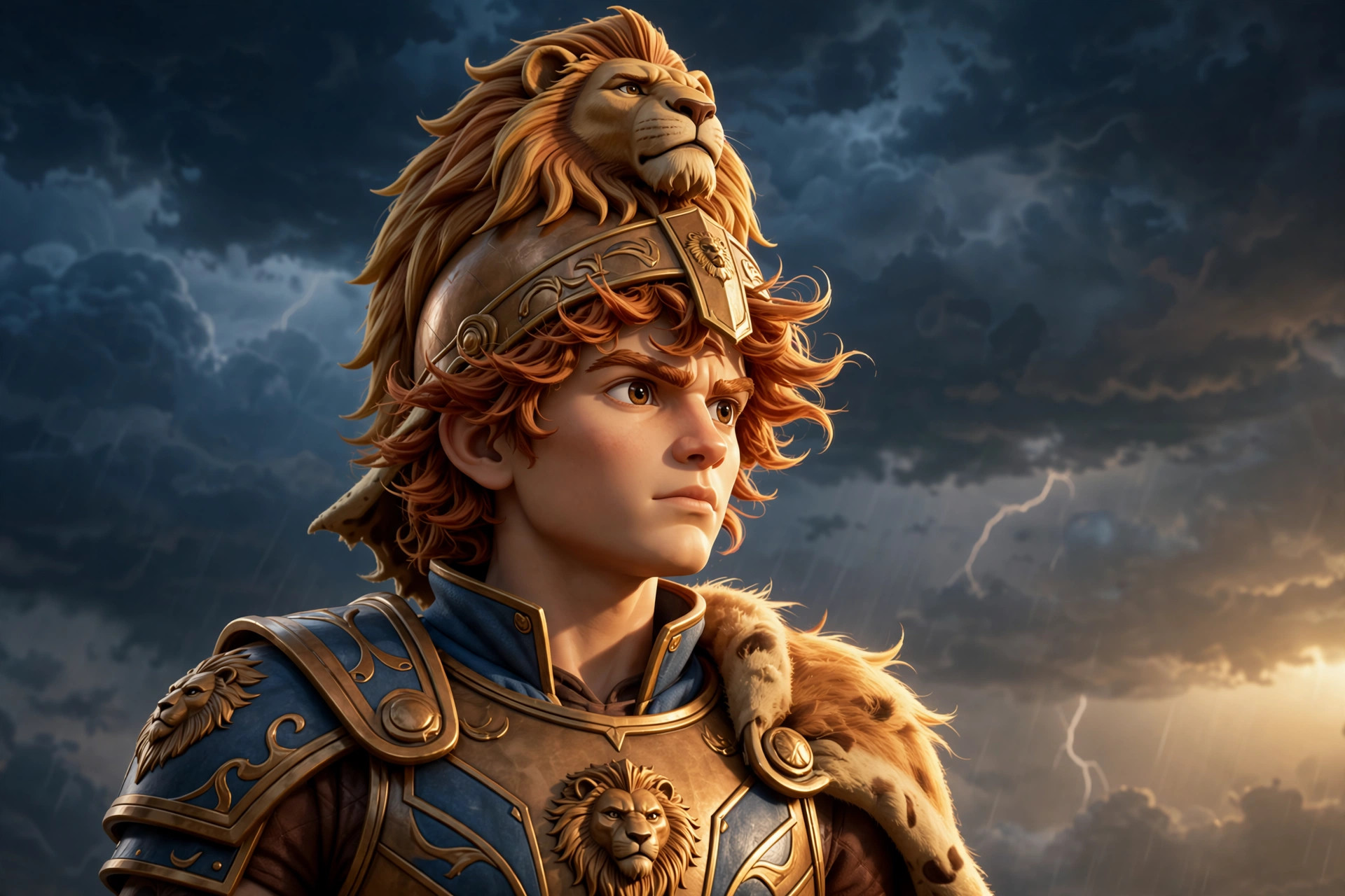 AI-generated dramatization: heroic portrait of the animated Alexander character wearing a lion-scalp crest over his helmet against storm clouds
