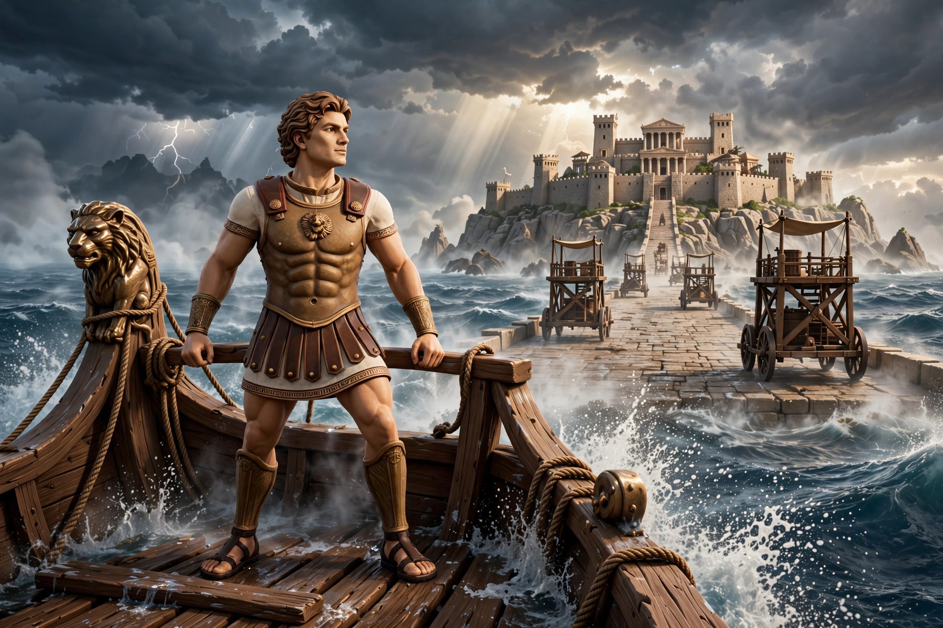 AI-generated dramatization: the animated Alexander character at the prow of a war galley facing the island fortress of Tyre and its siege causeway