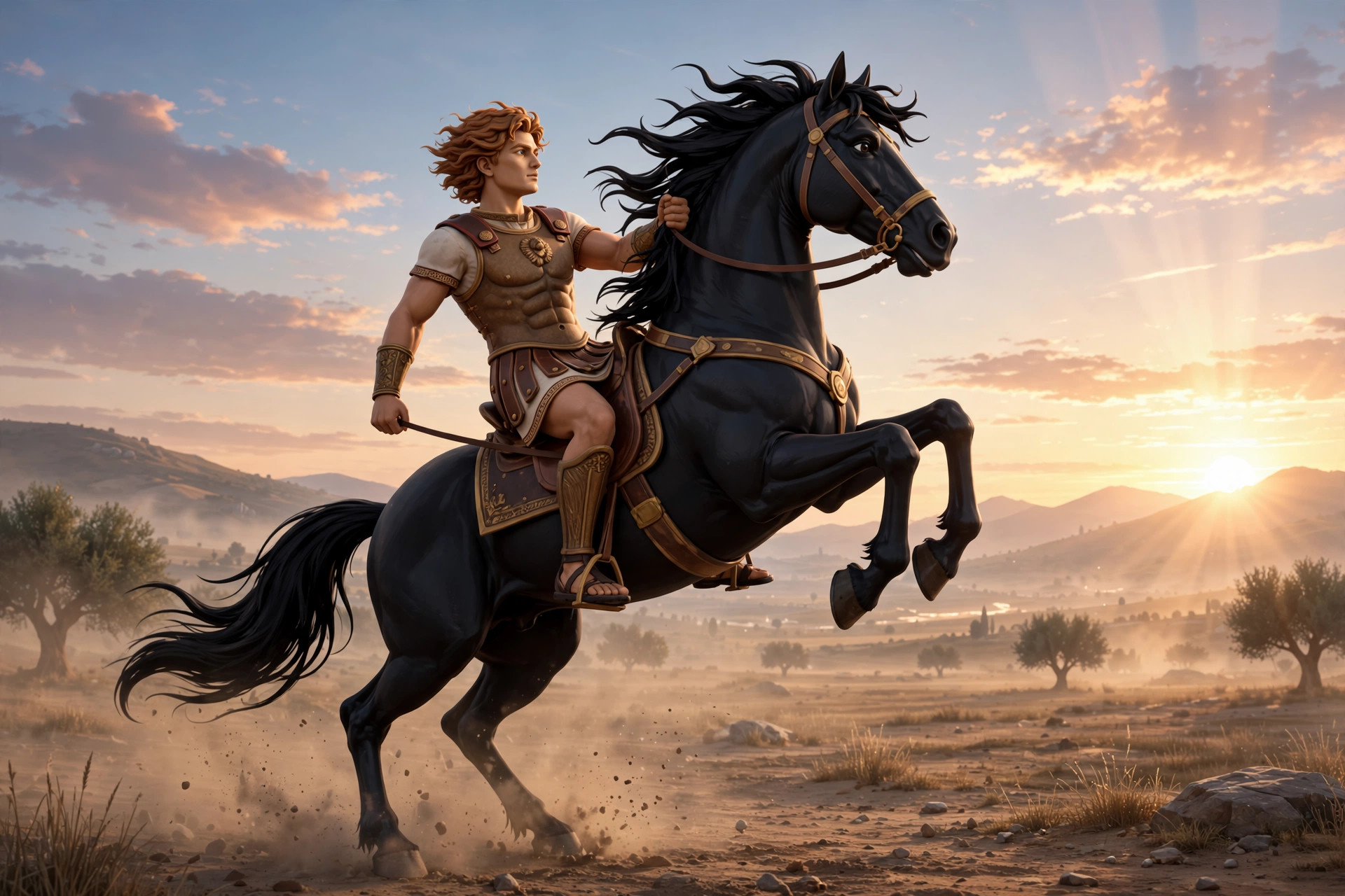 AI-generated dramatization: the young animated Alexander character calming a rearing black stallion toward the rising sun at dawn