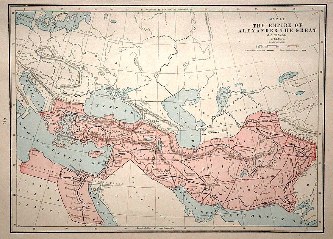 1893 map of Alexander's empire and campaigns, from Macedon to the Indus