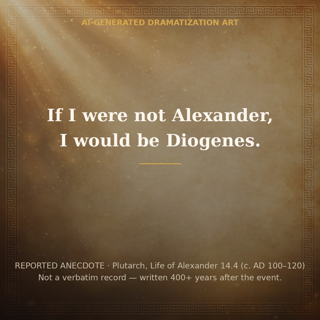 Social quote card: 'If I were not Alexander, I would be Diogenes' — labeled as a reported anecdote