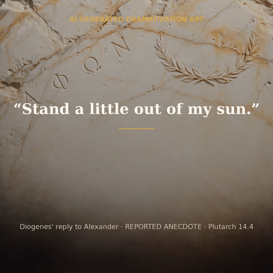 Quote card: Diogenes' reply, Stand a little out of my sun. Labeled reported anecdote, Plutarch 14.4