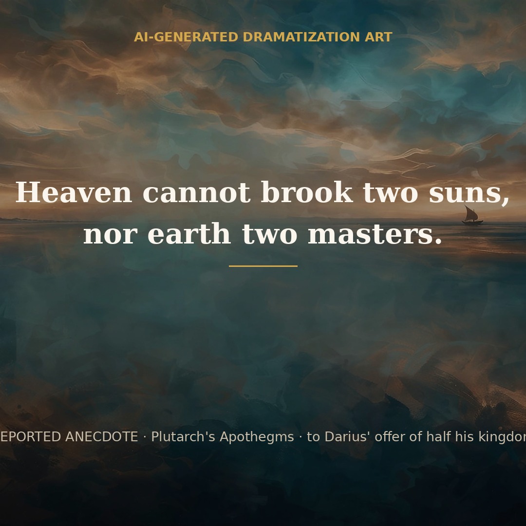 Quote card: Heaven cannot brook two suns, nor earth two masters. Labeled reported anecdote from Plutarch's Apothegms