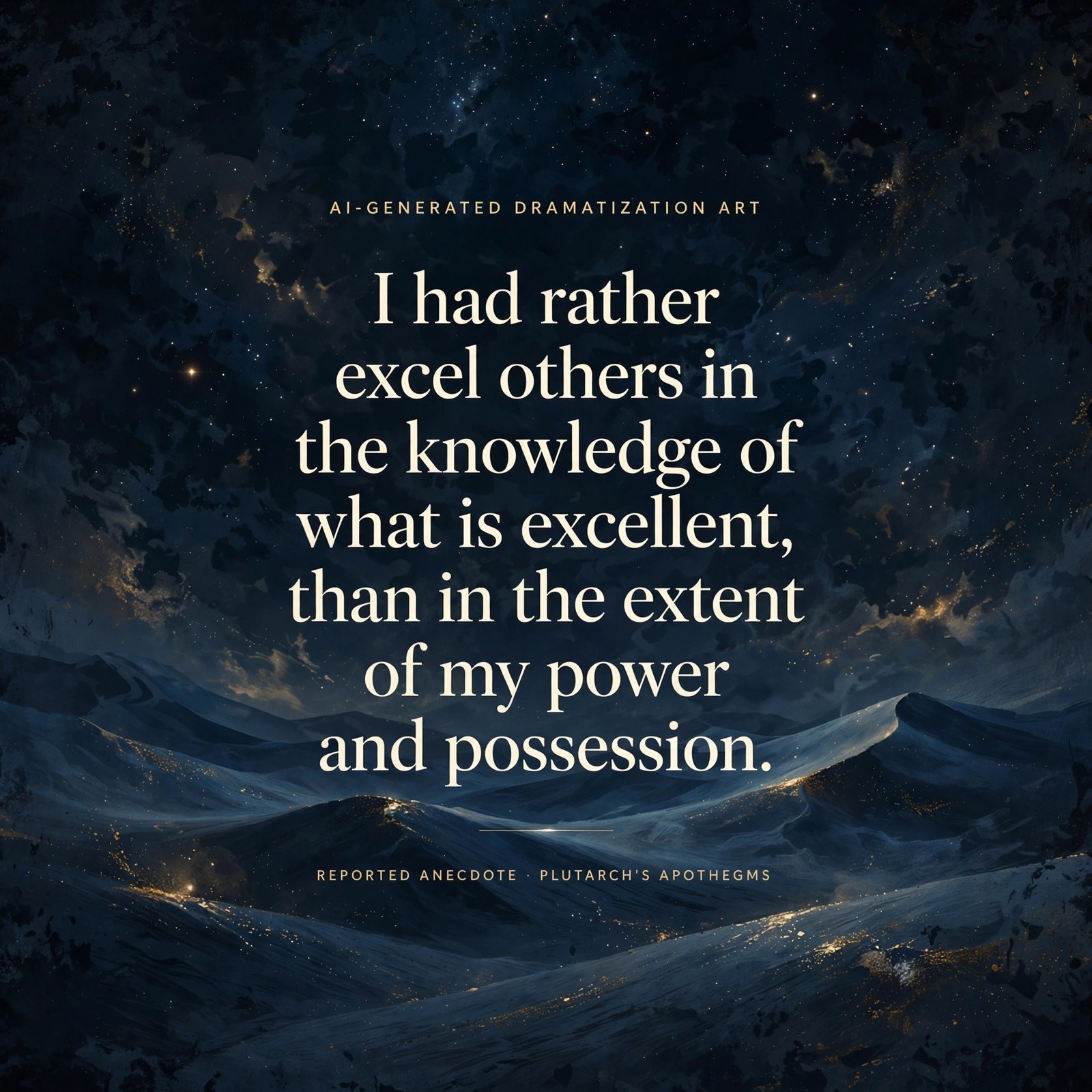 Quote card: I had rather excel others in the knowledge of what is excellent, than in the extent of my power and possession. Labeled reported anecdote