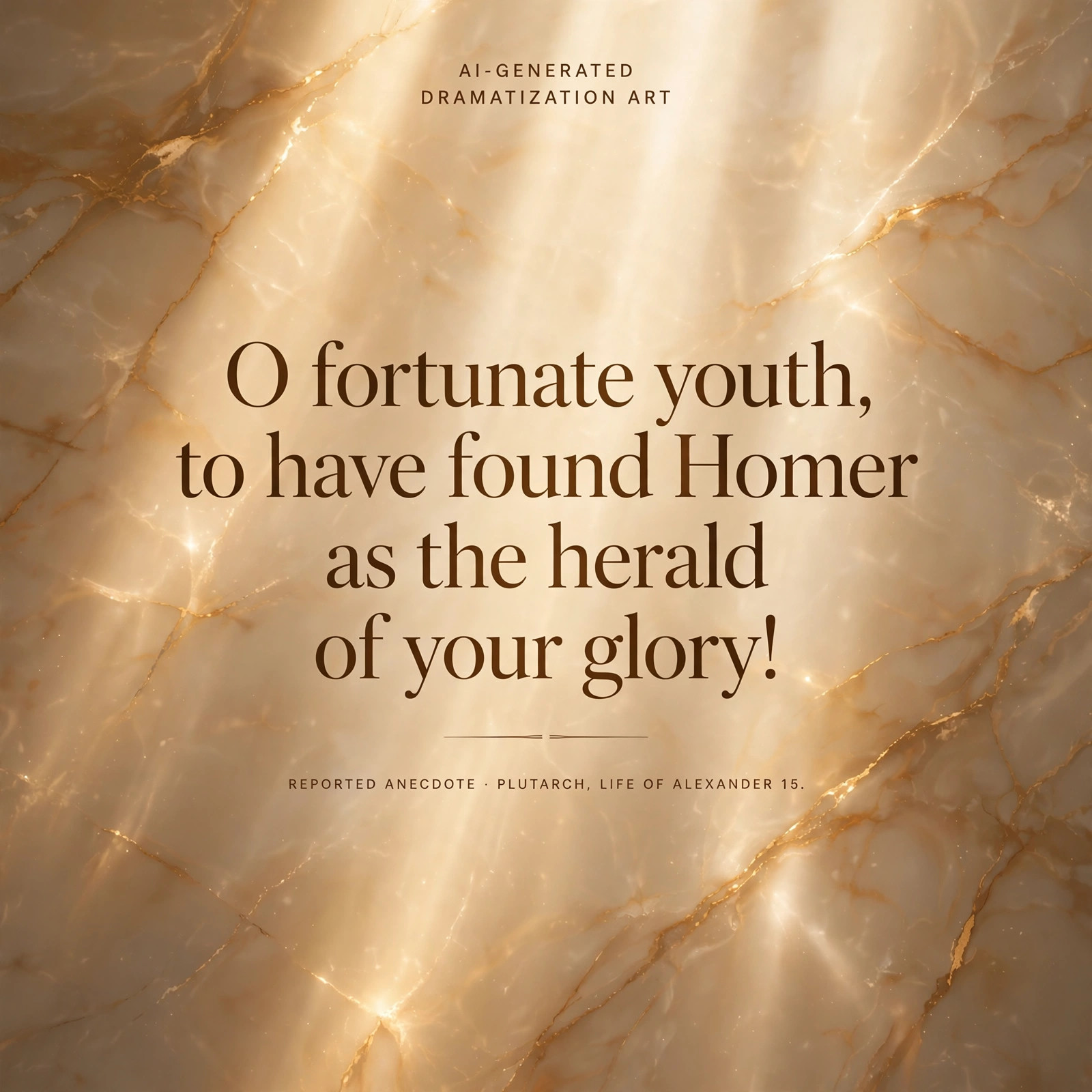 Quote card: O fortunate youth, to have found Homer as the herald of your glory. Labeled reported anecdote, Plutarch 15