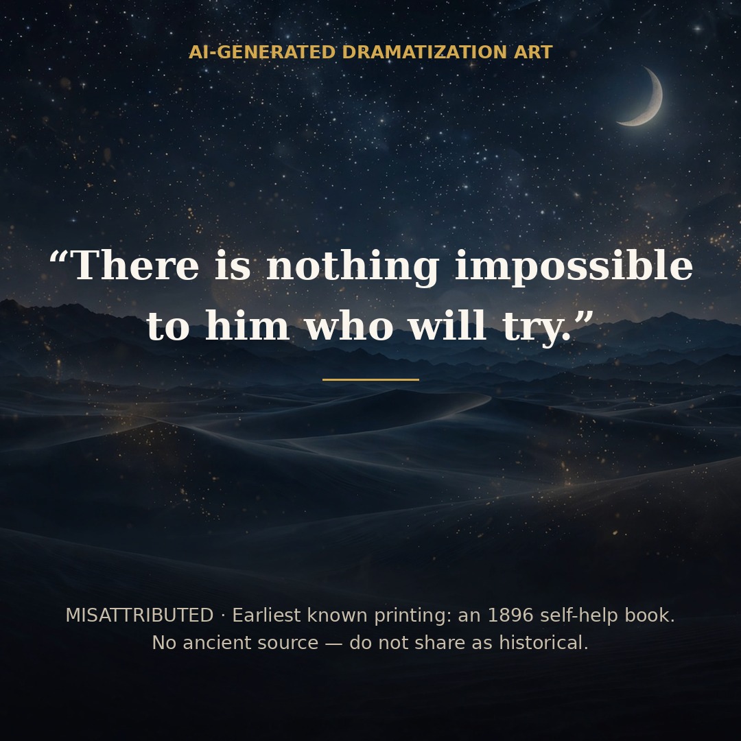 Quote card: There is nothing impossible to him who will try. Labeled misattributed, earliest known printing 1896